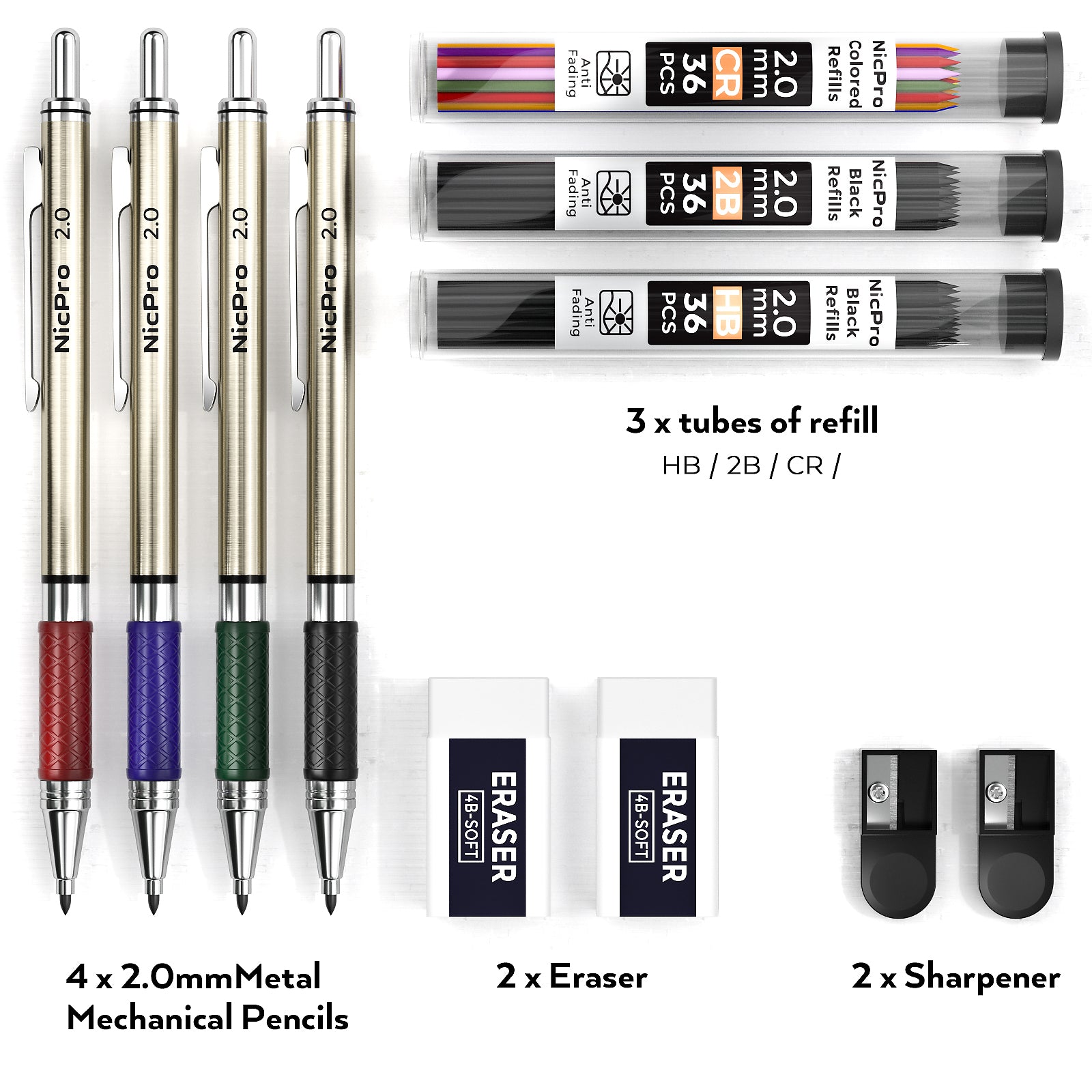 Nicpro 4 PCS 2.0 mm Mechanical Pencils Set with Case, Art Metal Lead Holder 2mm Carpenter Pencil with 72 Graphite Lead Refills(HB 2B) & 36 Colors, 2 Erasers, 2 Sharpeners for Writing Sketching Drawing