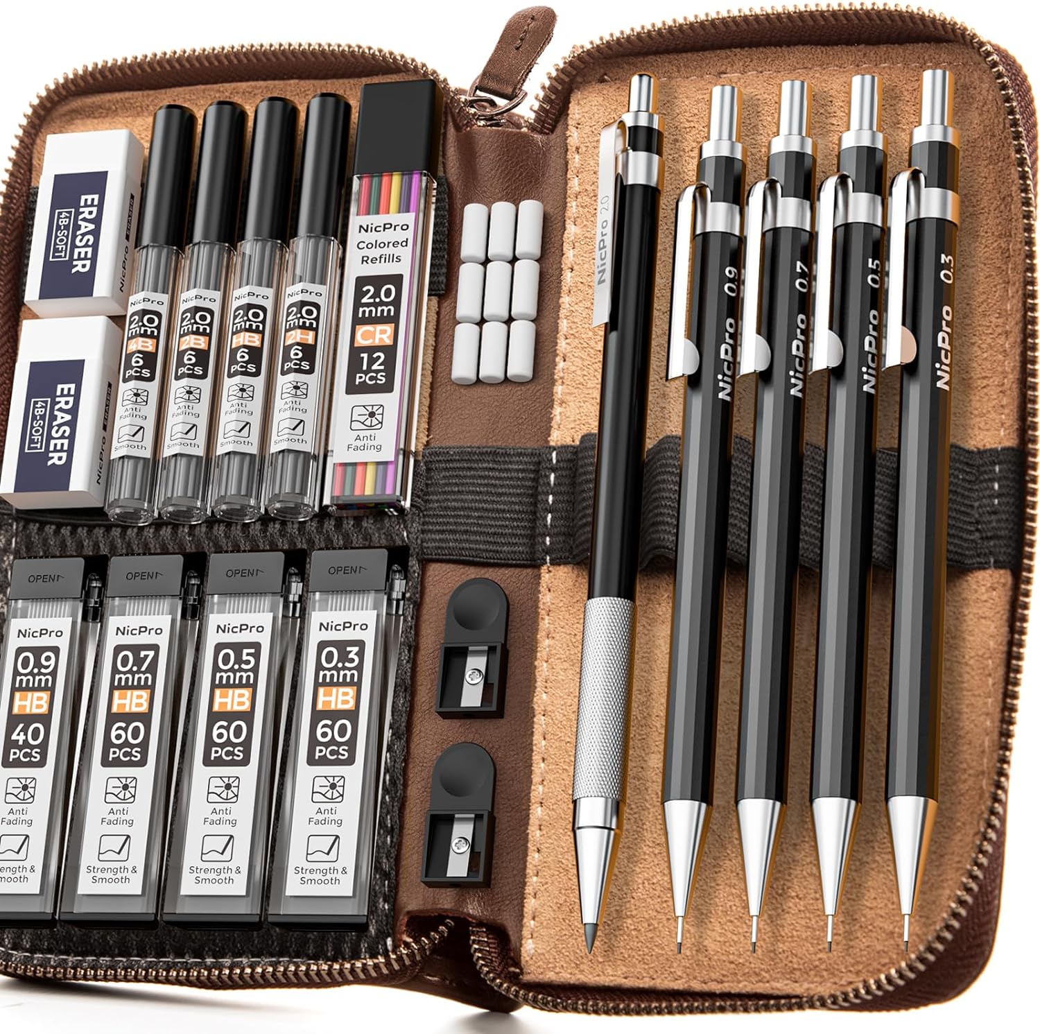 Nicpro 5 PCS Black Metal Mechanical Pencil Set in Leather Case, 0.3, 0