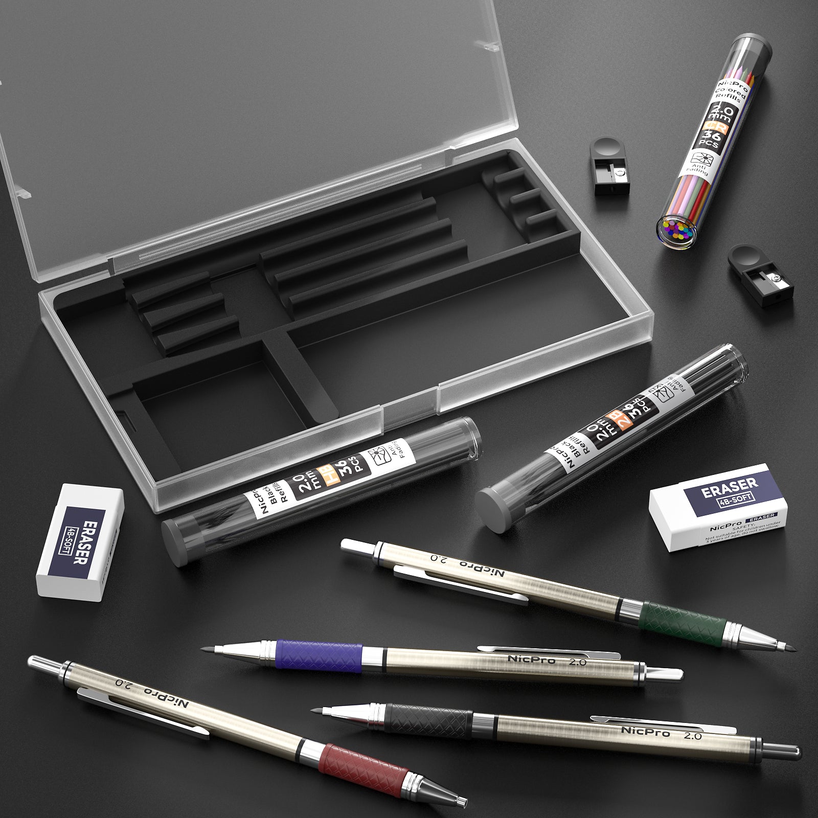 Nicpro 4 PCS 2.0 mm Mechanical Pencils Set with Case, Art Metal Lead Holder 2mm Carpenter Pencil with 72 Graphite Lead Refills(HB 2B) & 36 Colors, 2 Erasers, 2 Sharpeners for Writing Sketching Drawing