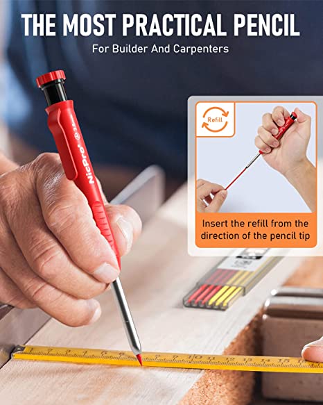 Nicpro 5PCS Mechanical Carpenter Pencils with Sharpener, 36 Pcs 2.8mm Refills Replacement, Deep Hole Woodworking Marker Construction Pencils Heavy Duty Woodworking Pencils for Architect