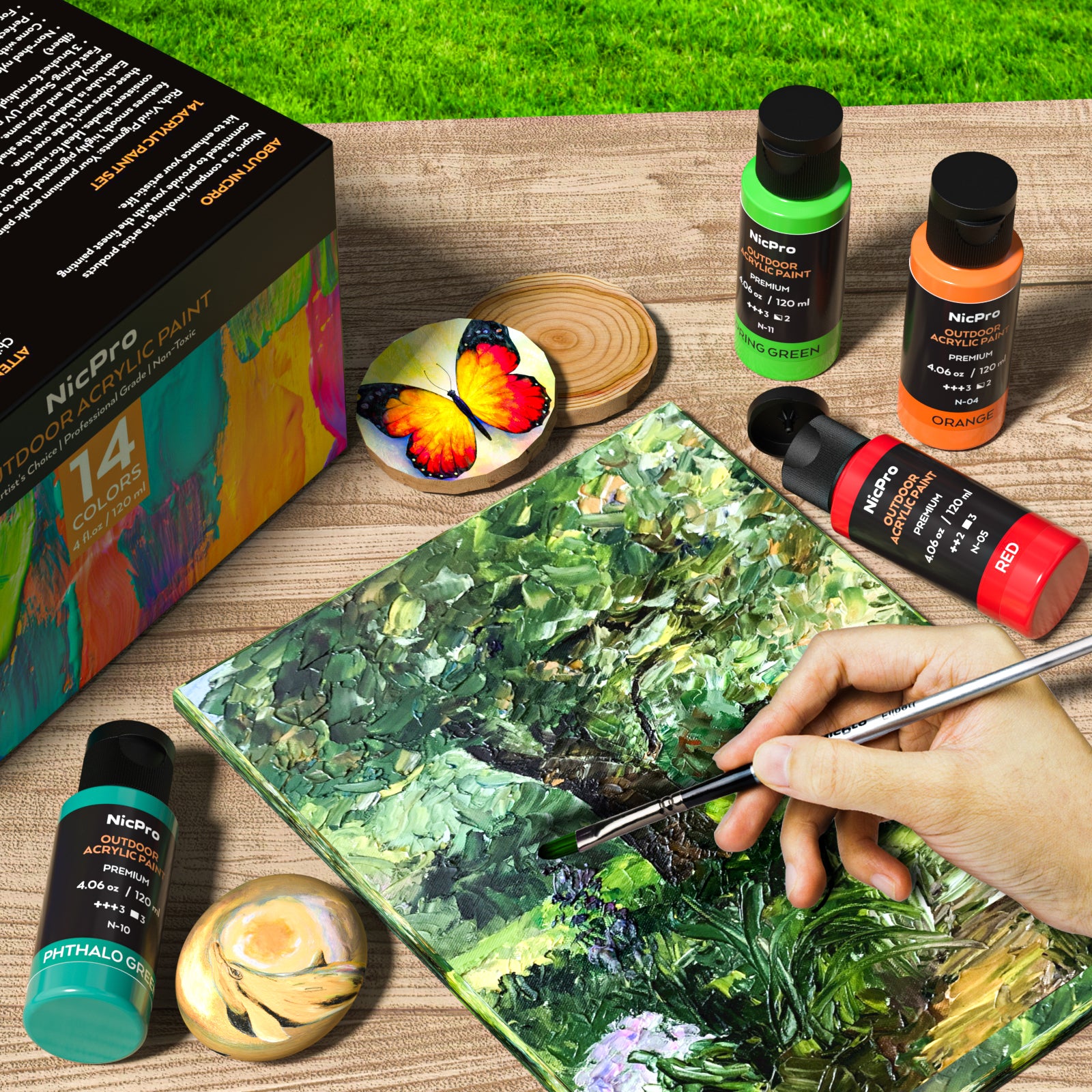 Nicpro 14 Colors Outdoor Acrylic Paint Bulk (4.06 oz,120ml) with Brush and Sponge, Knife, Non-Toxic Gloss Paint for Multi-surface Rock, Wood, Fabric, Leather, Crafts, Canvas, Shoes and Wall Painting