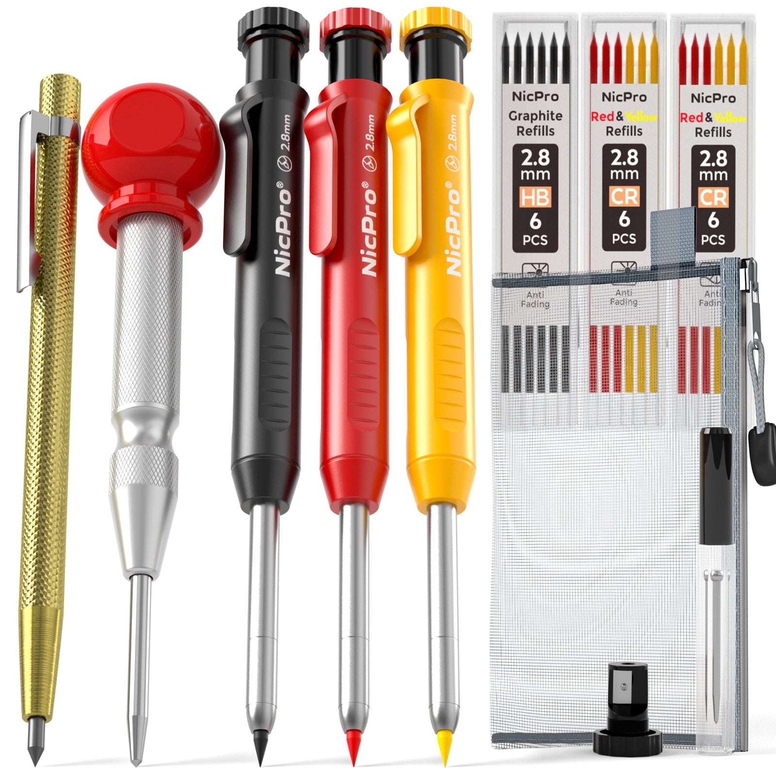 Nicpro 10PCS Mechanical Carpenter Pencil Set with Built-in Sharpener, Lead Refill, Engraving Pen, Center Punch, Lead Pointer, Deep Hole Marker Construction Pencil for Architect Woodworking