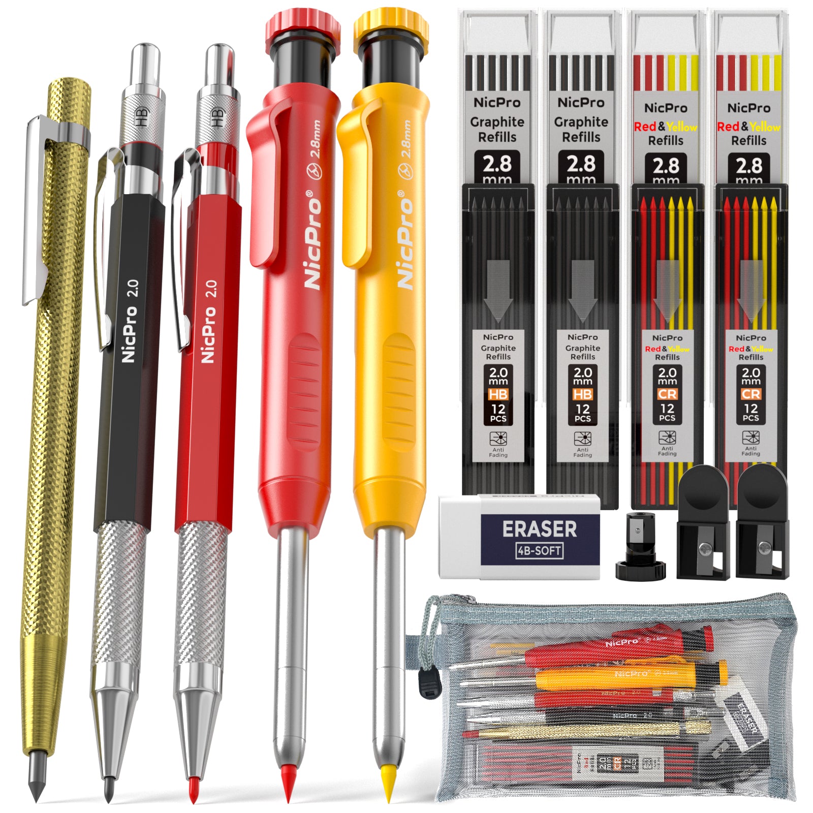 Nicpro 5 Pack Mechanical Carpenter Pencil Set with 76 Refills & Carbid