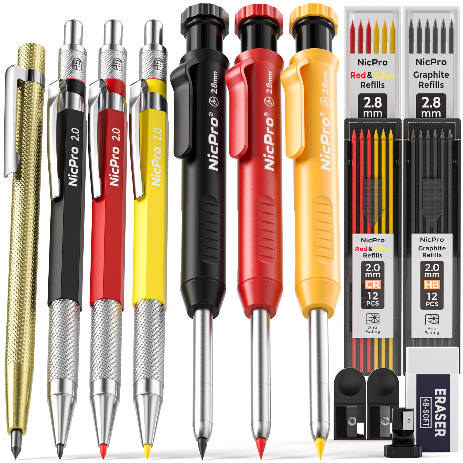 Nicpro 15 Pack Mechanical Carpenter Pencil Set with 42 Refills & Carbi