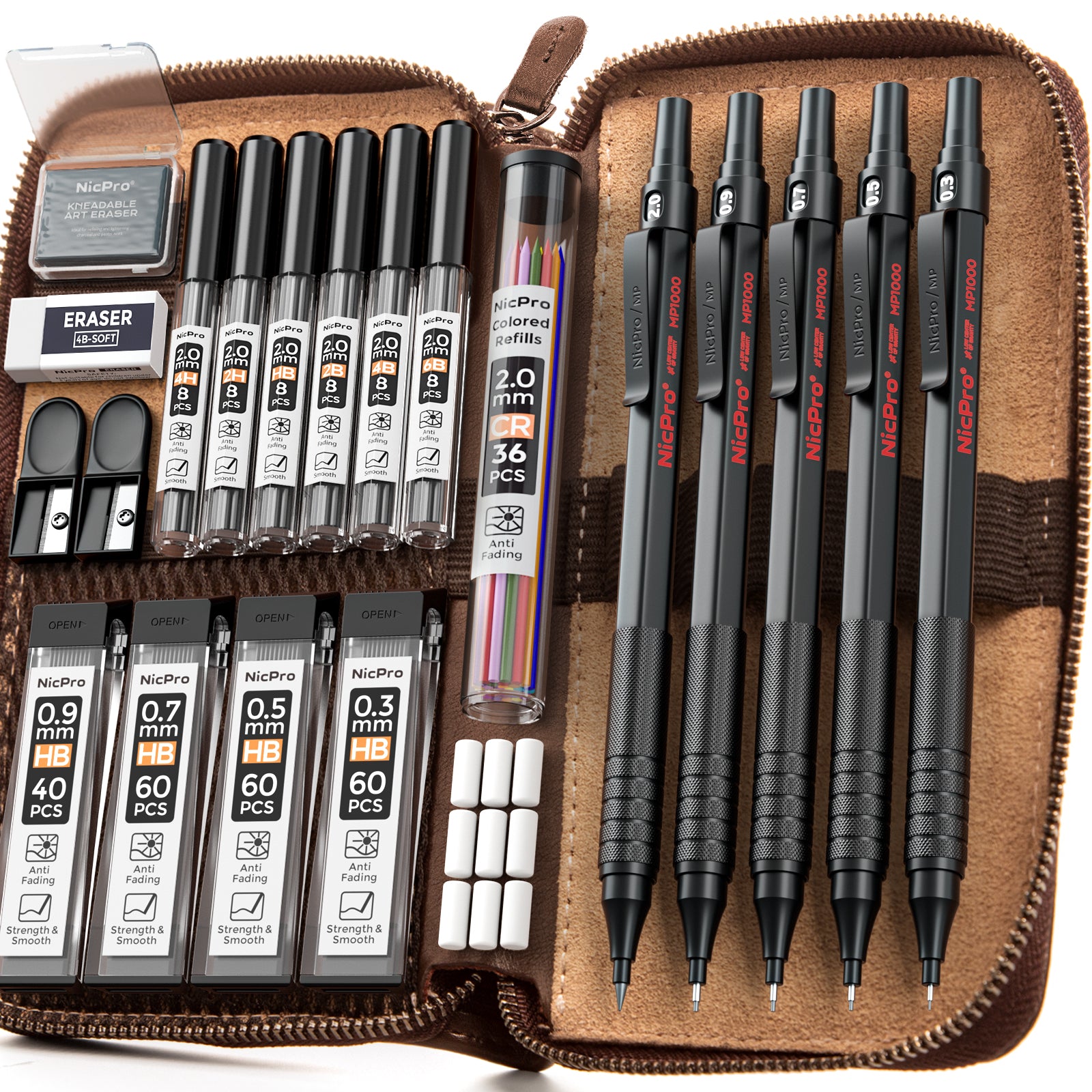 Nicpro 5 Pcs Black Metal Mechanical Pencil Set in Leather Case, 0.3, 0