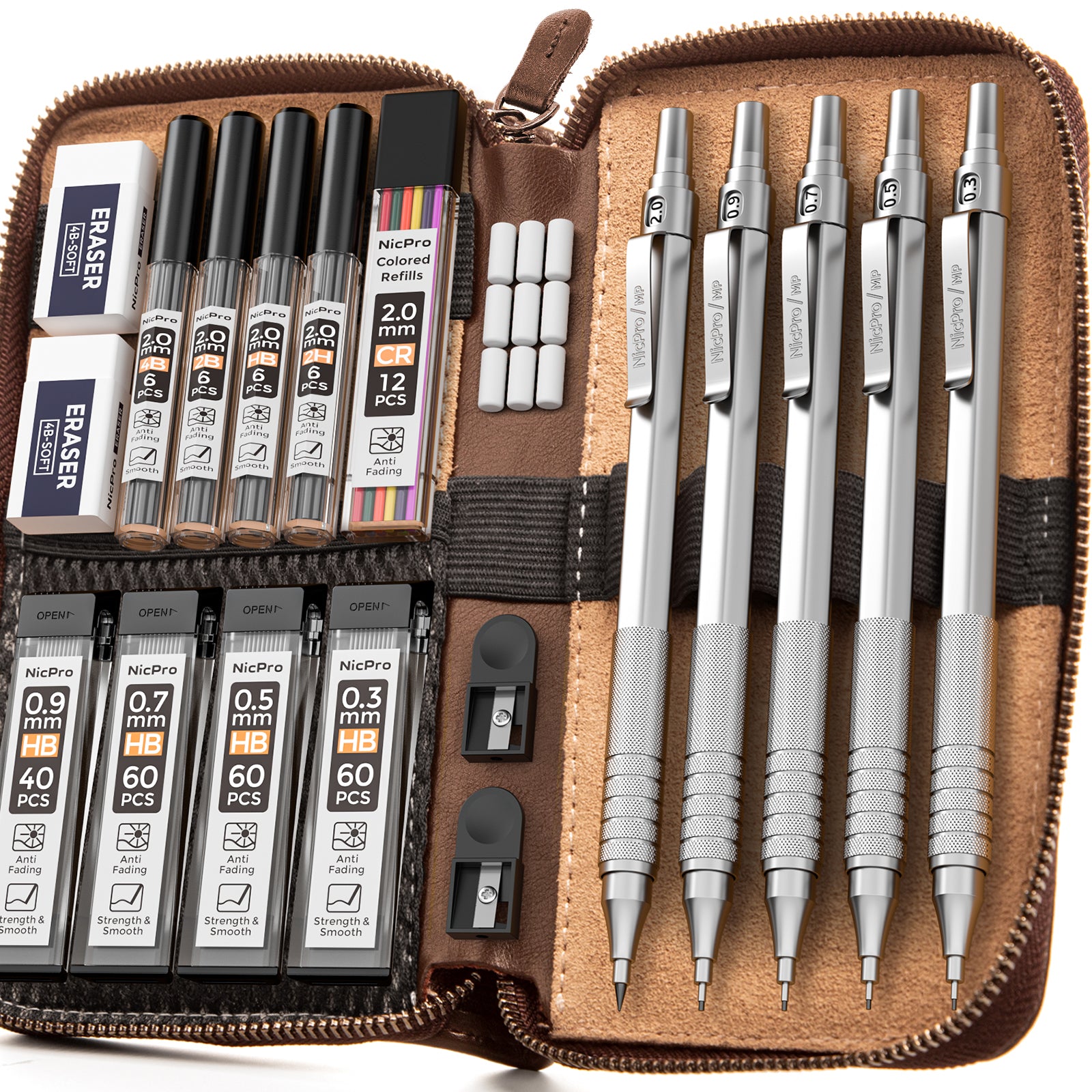 Nicpro 20PCS Metal Mechanical Pencil Set in Leather Case, 0.3, 0.5, 0.