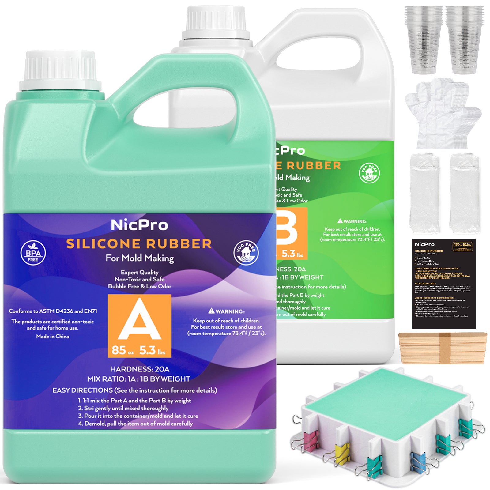 Nicpro 170oz Silicone Mold Making Kit, Platinum Liquid Silicone Rubber, Jade Green Flexible & Food Safe Mix Ratio 1:1 for Casting 3D Resins DIY with 2PCS Mold Housing, Mixing Cups