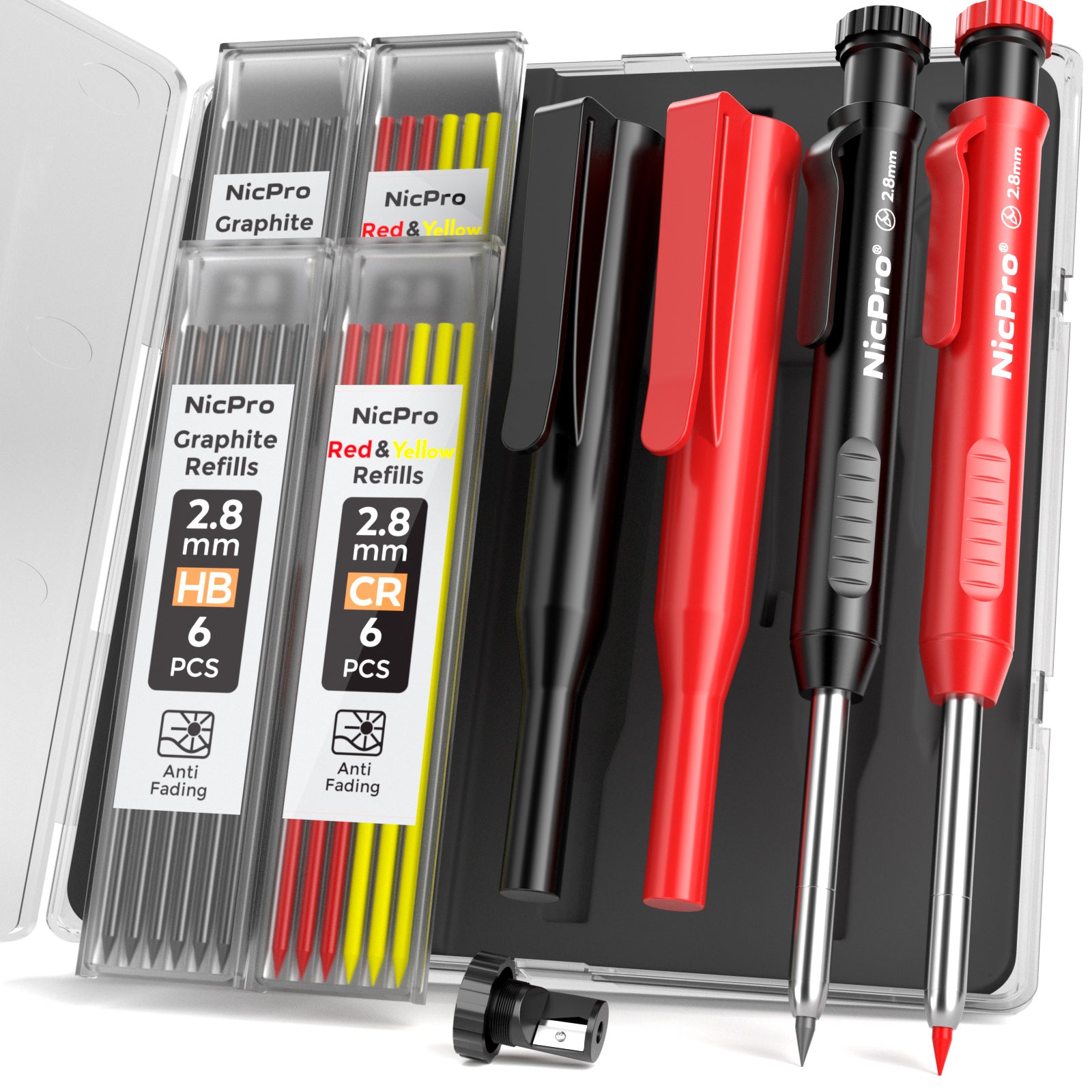 Nicpro 2Pack Carpenter Pencil with Sharpener, Mechanical Carpenter Pen