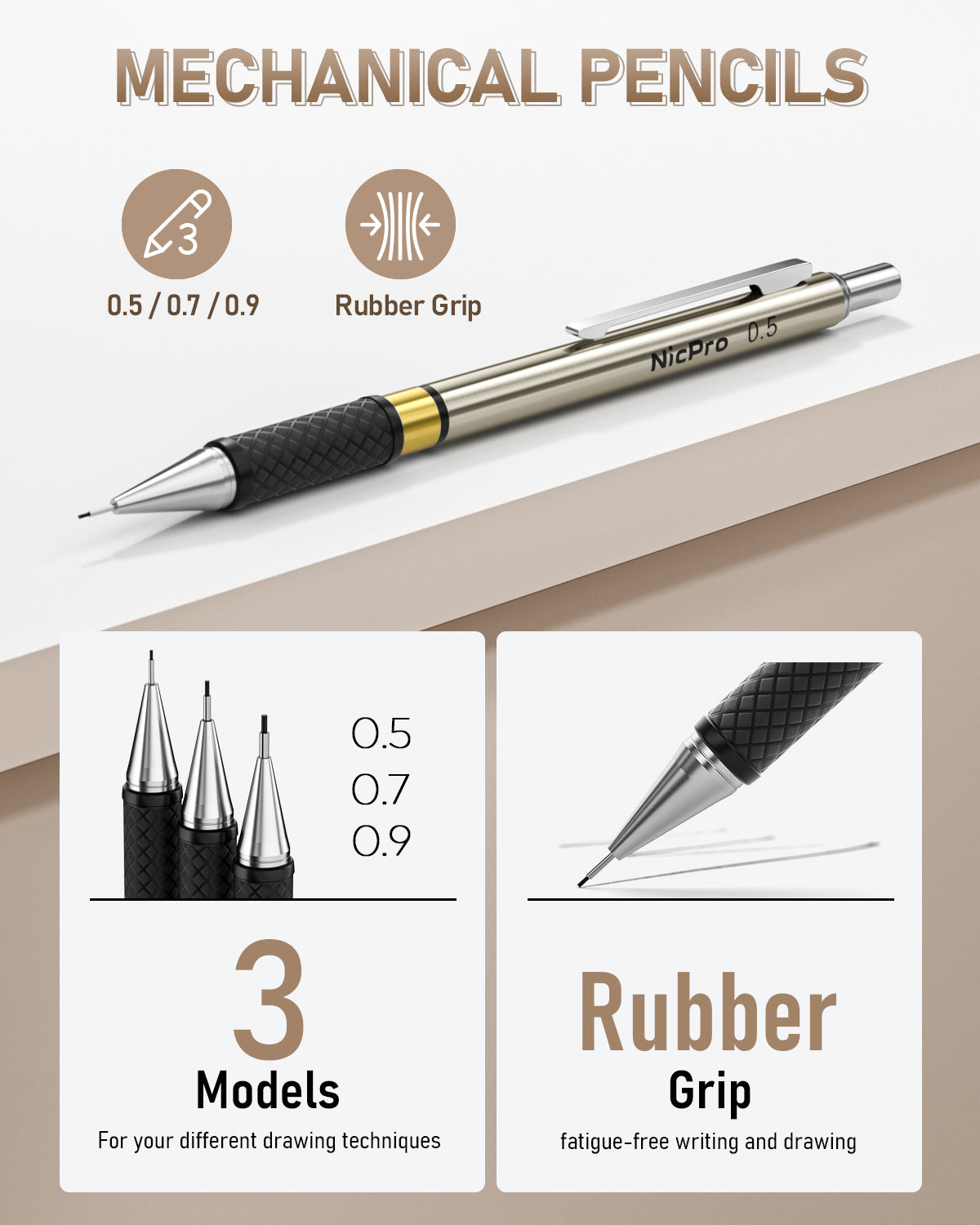 Nicpro 35PCS Gold Art Mechanical Pencils Set, 3 PCS Metal Drafting Pencil 0.5 mm & 0.7 mm & 0.9 mm & 3 PCS 2mm Lead Holder (6B 4B 2B HB 2H 4H Colors) For Sketching Drawing