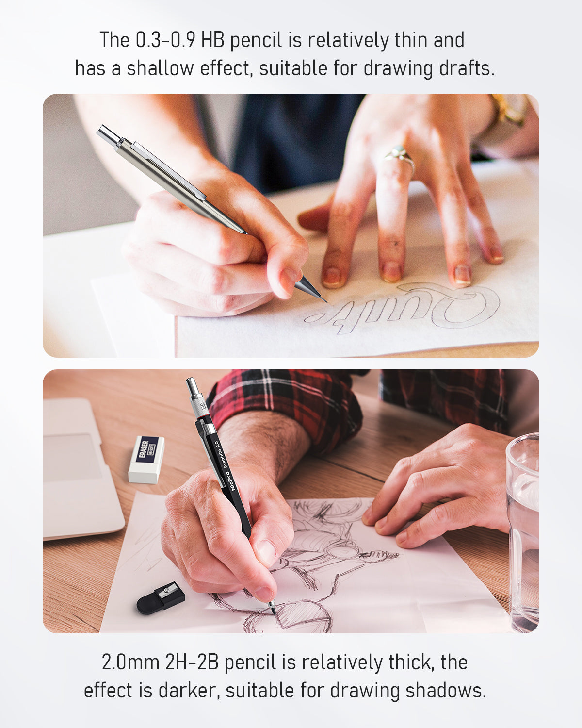 Nicpro Art Mechanical Pencil Set, 2PCS 2mm Lead Holder & 4PCS Metal Drafting Pencil 0.3mm, 0.5 mm, 0.7 mm