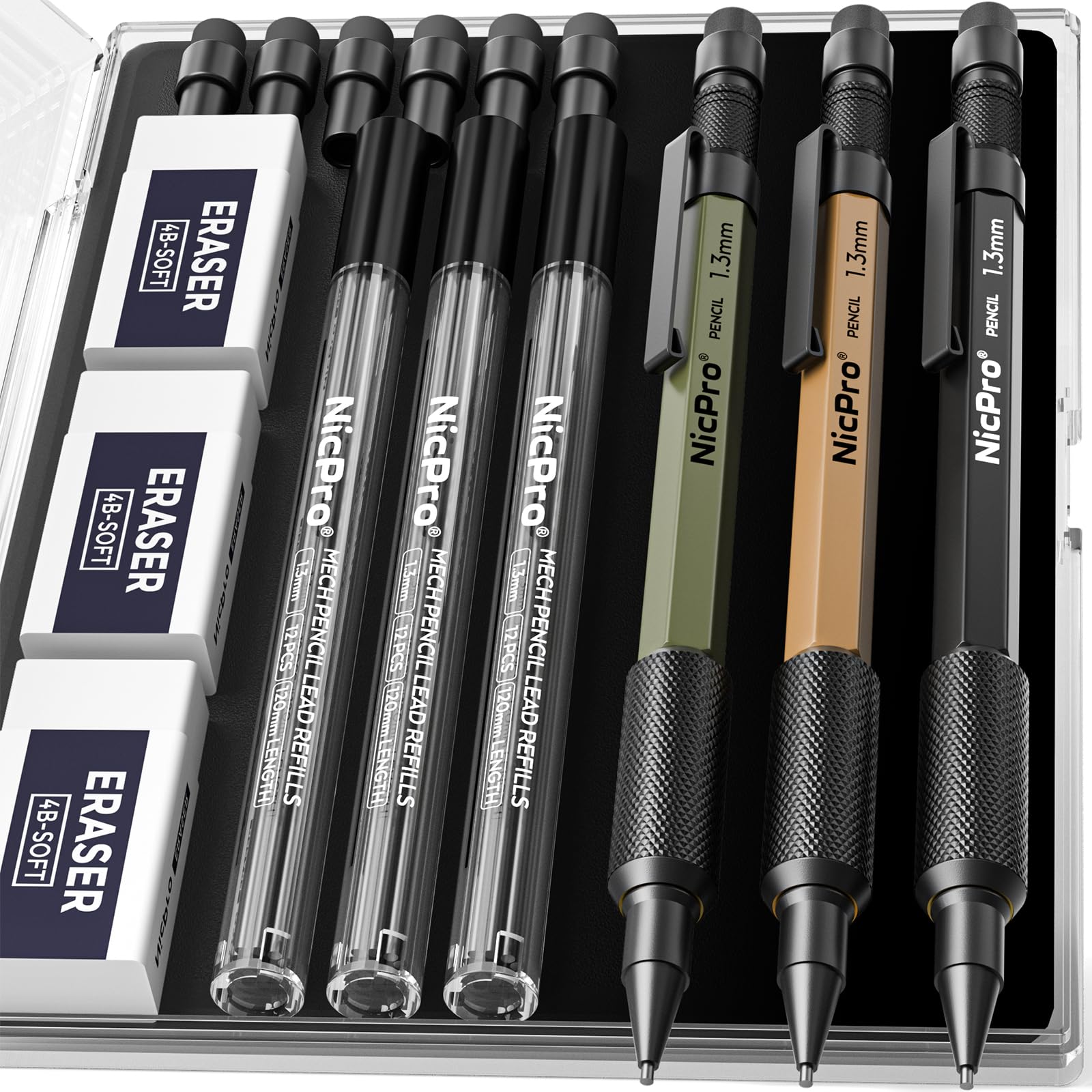 Nicpro 3 PCS 1.3 mm Mechanical Pencil Set 3 Colors with 36 Lead Refill, 3 Eraser - Weatherproof Metal MP2000 Heavy Duty Carpenter Pencil for Outdoor Marking Drafting Drawing Woodworking