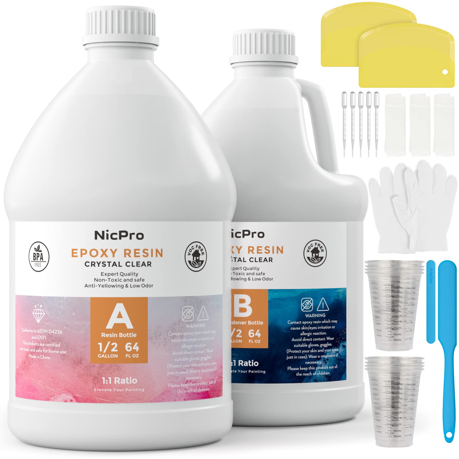 Nicpro 1 Gallon Crystal Clear Epoxy Resin Kit, Casting and Coating Art Resin Supplies for Craft Tabletop, Jewelry Making, Molds, Bar Top with 24 Mica Powder, Gold Foil Flakes, Measuring Cups, Sticks