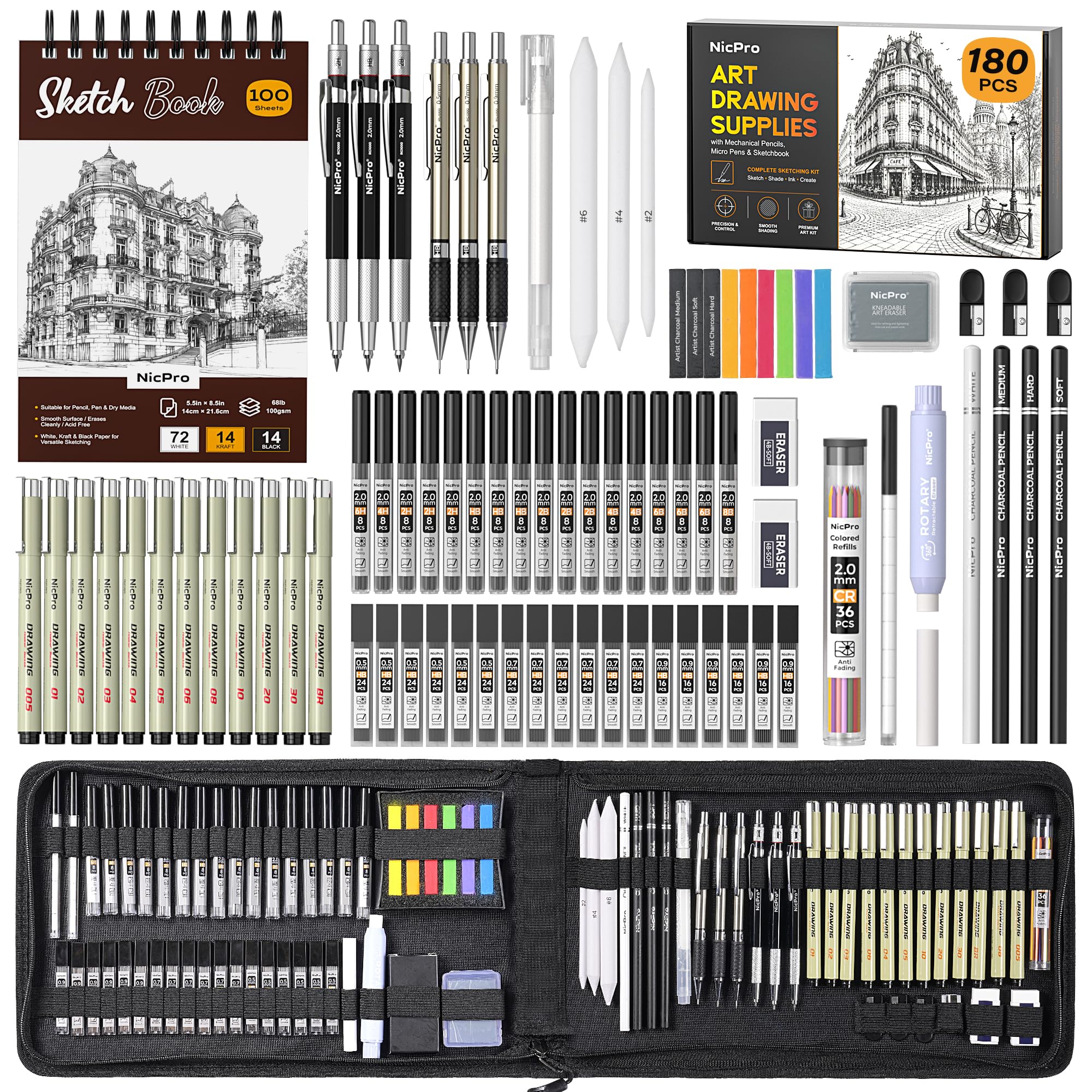 Nicpro 180 PCS Art Drawing Supplies Kit, Pro Art Supplies for Adult & Teens, Sketch Kit with 100 Sheets 3-Color Sketchbook, Micron Pen, Metal Mechanical Pencil, Charcoal Pencil & Sticks, Gift for Artist