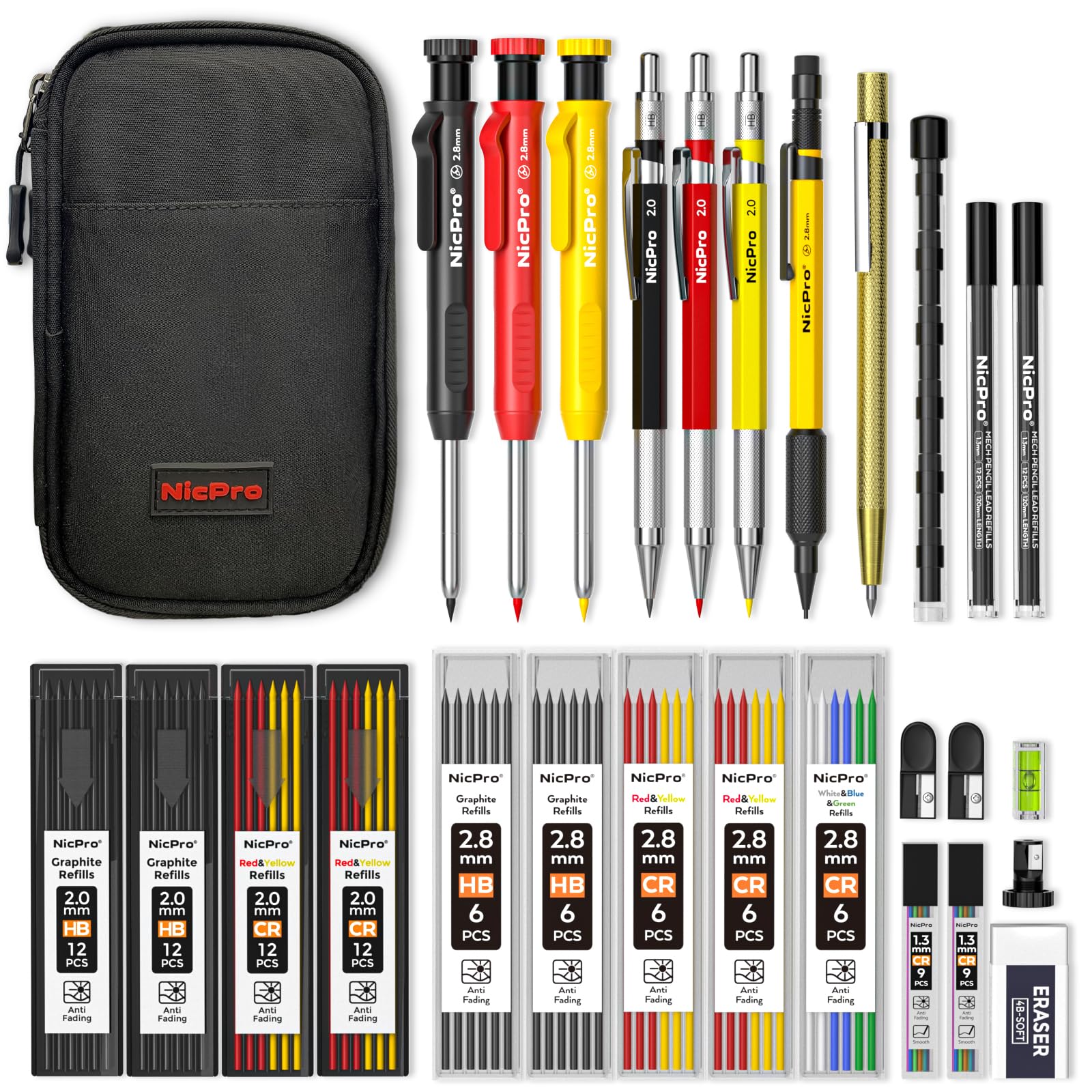 Nicpro 28 Pack Carpenter Pencil Set with Sharpener, Mechanical Carpenter Pencils with 127PCS Refills and Carbide Scribe Tool, Heavy Duty Construction Pencils for Architect Woodworking-With Canvas Case