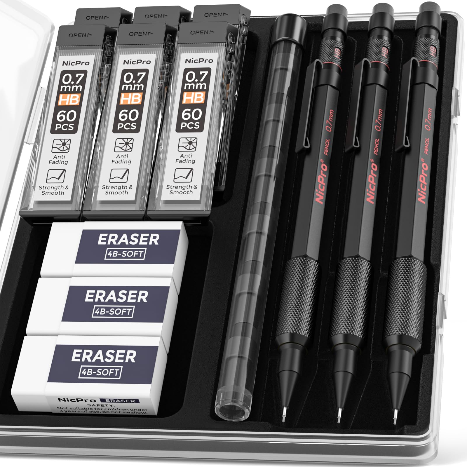 Nicpro 0.7 mm Mechanical Pencils Set with Case, 3PCS Professional Metal Artist Mechanical Pencil With 6 Tube HB Lead Refills, Eraser, Weatherproof Barrel for Outdoor Writing Drafting Drawing Sketching