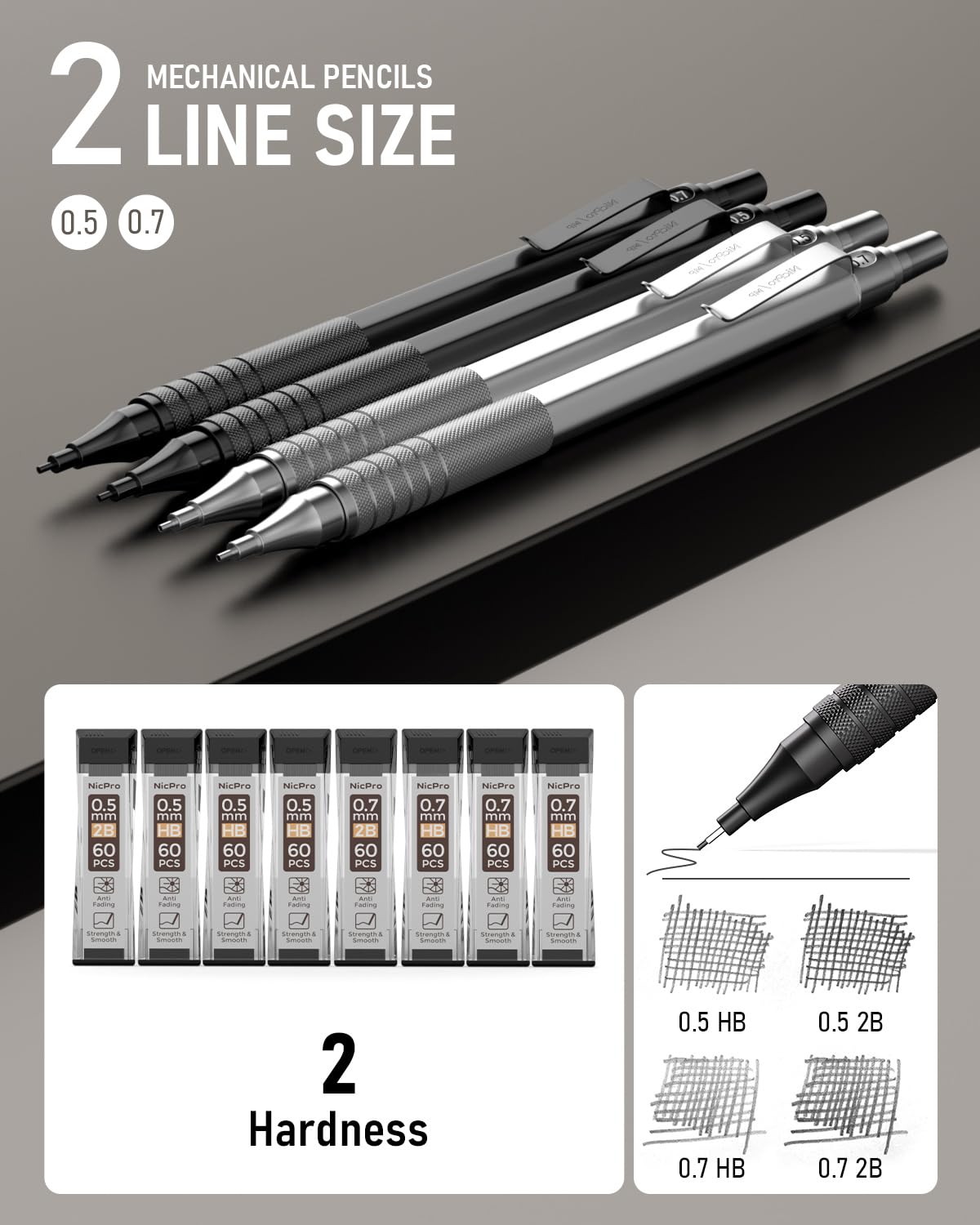 Nicpro 4 Pack Metal Mechanical Pencil Set 0.5 mm & 0.7mm with Case, Artist Pencil MP1000 with 8 Tubes HB & 2B Lead Refill, 3 Eraser, 9 Eraser Refill For Art Writing Drafting Drawing,Black & Silver
