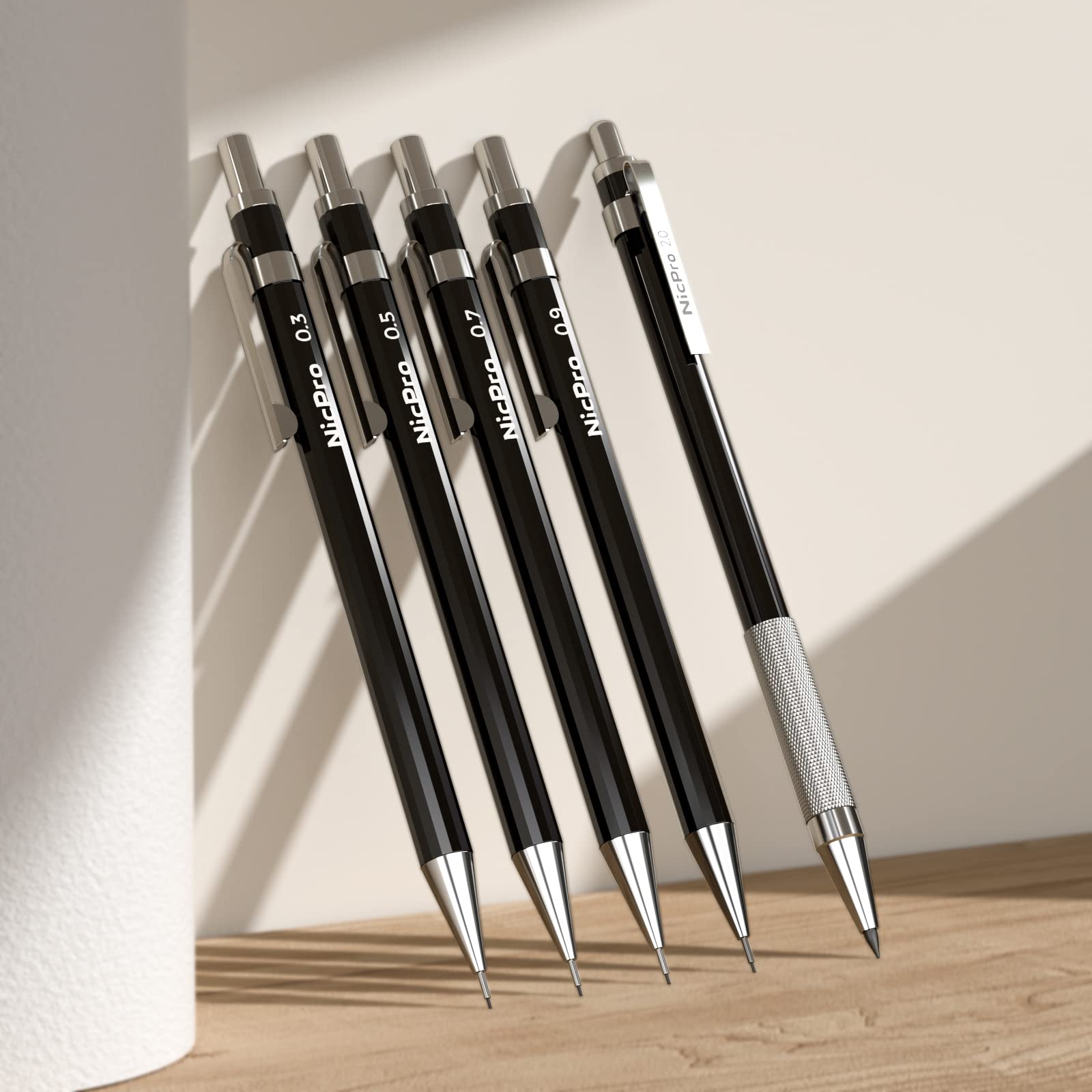 Nicpro 20PCS Black Metal Mechanical Pencil Set in Leather Case, 0.3, 0.5, 0.7, 0.9 mm & 2mm Lead Pencil Holders, (4B 2B HB 2H) Lead Refills (Black & Colors), Erasers For Art Drafting Sketching Drawing
