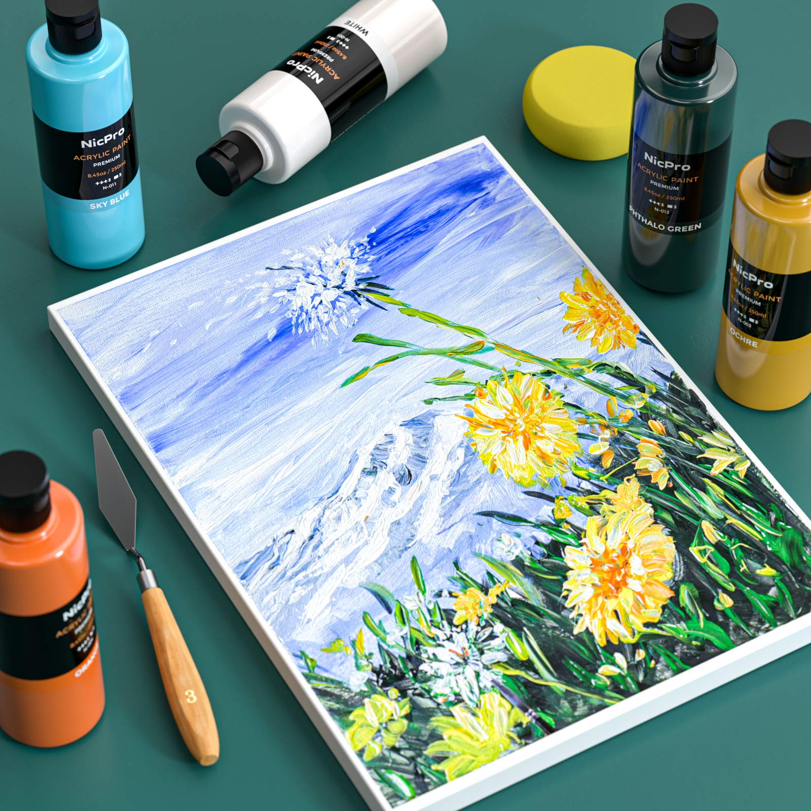 Nicpro 18 Colors Large Acrylic Paint Set, 8.45 fl oz./ 250 ml Artist Painting Supplies Bulk Non-Toxic For Multi Surface Canvas, Wood, Fabric, Leather, Cardboard, Paper, Crafts, Hobby with Color Wheel