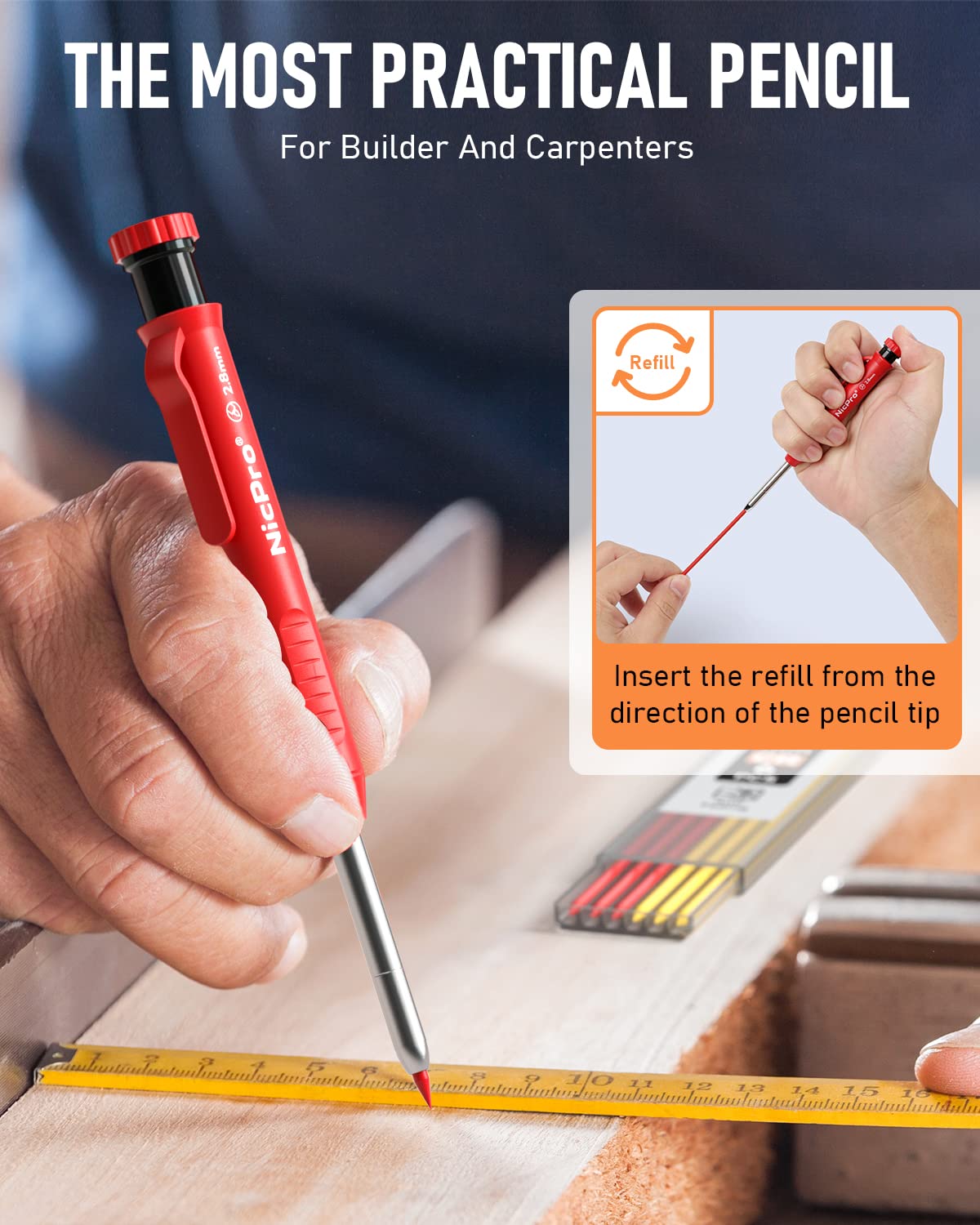 Nicpro 6 Pack Carpenter Pencil with Sharpener,Mechanical Pencils Set 54PCS Refills(Black,Red,Yellow,Blue,Green,White) Deep Hole Marker Construction Heavy Duty Woodworking -With Case(MG552)