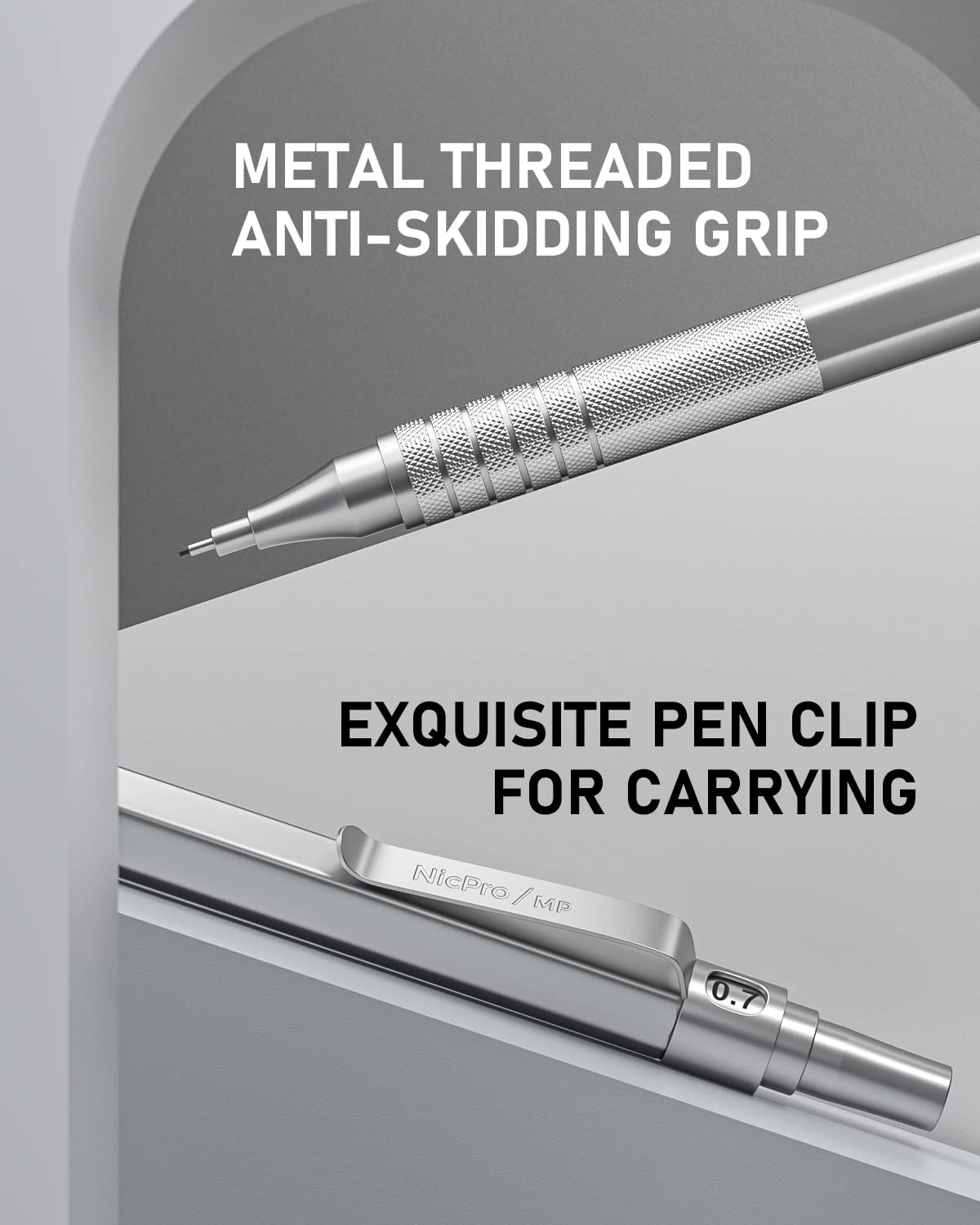 Nicpro 4 Pack Metal Mechanical Pencil Set 0.5 mm & 0.7mm with Case, Artist Pencil MP1000 with 8 Tubes HB & 2B Lead Refill, 3 Eraser, 9 Eraser Refill For Art Writing Drafting Drawing,Black & Silver