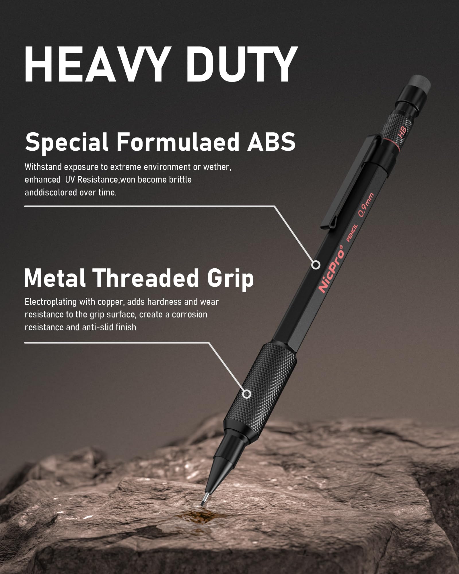 Nicpro 0.9 mm Mechanical Pencils Set with Case, 3PCS Professional Metal Artist Mechanical Pencil With 6 Tube HB Lead Refills, Eraser, Weatherproof Barrel for Outdoor Writing Drafting Drawing Sketching