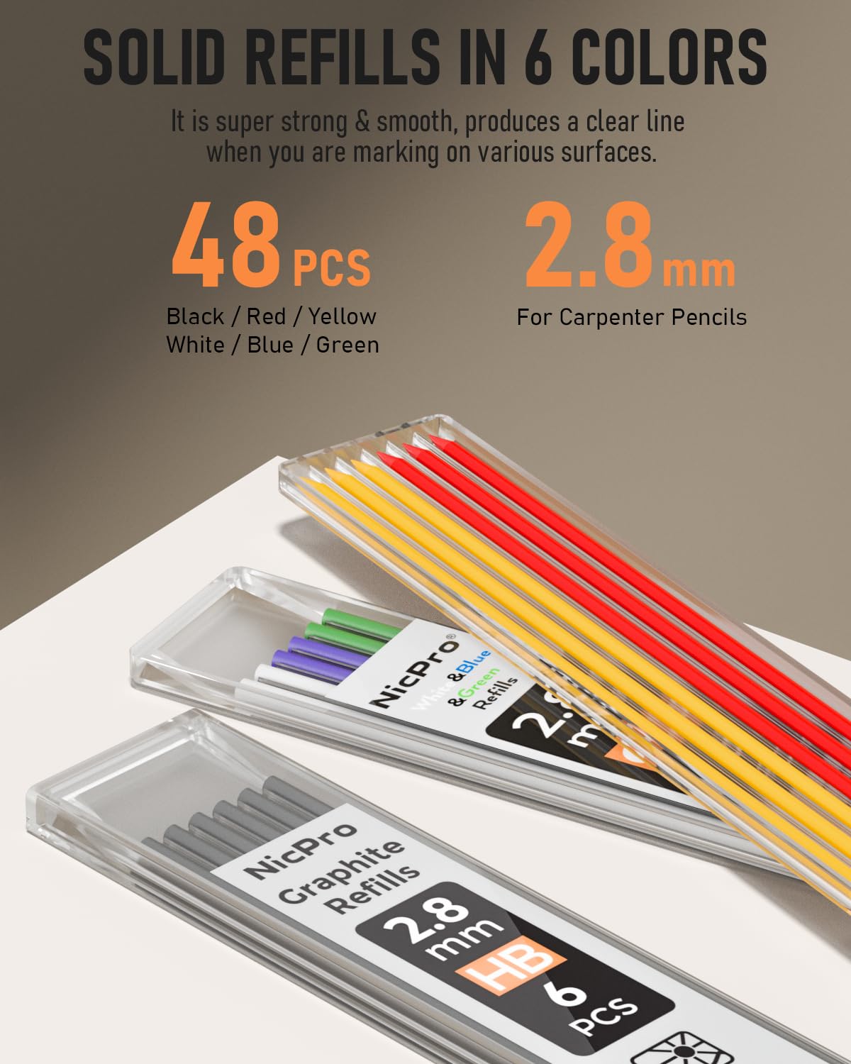 Nicpro 6 Pack Carpenter Pencil with Sharpener,Mechanical Pencils Set 54PCS Refills(Black,Red,Yellow,Blue,Green,White) Deep Hole Marker Construction Heavy Duty Woodworking -With Case(MG552)