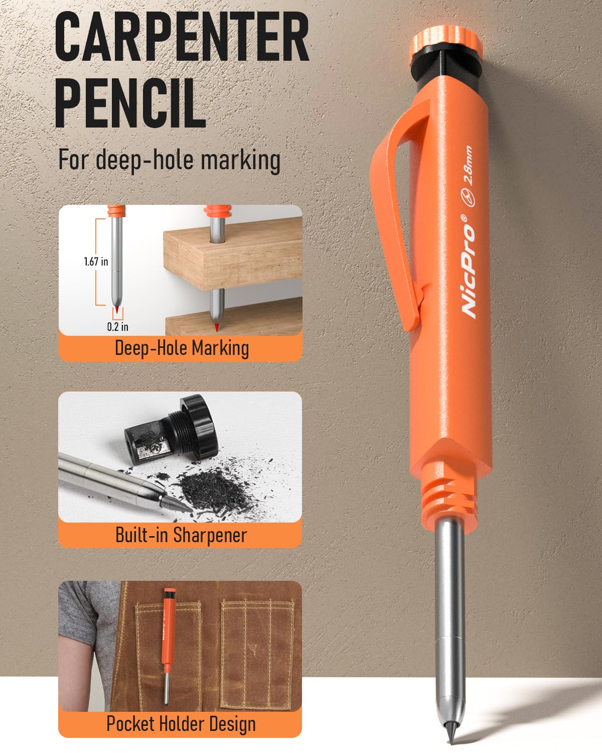 Nicpro Carpenter's Pencil Set, 1 Solid Carpenter's Pencils with 12 Versatile Leads, Mechanical Pencil Marker, Deep Hole Marker Pencil with Built-in Sharpener for Woodworking, Construction Site with