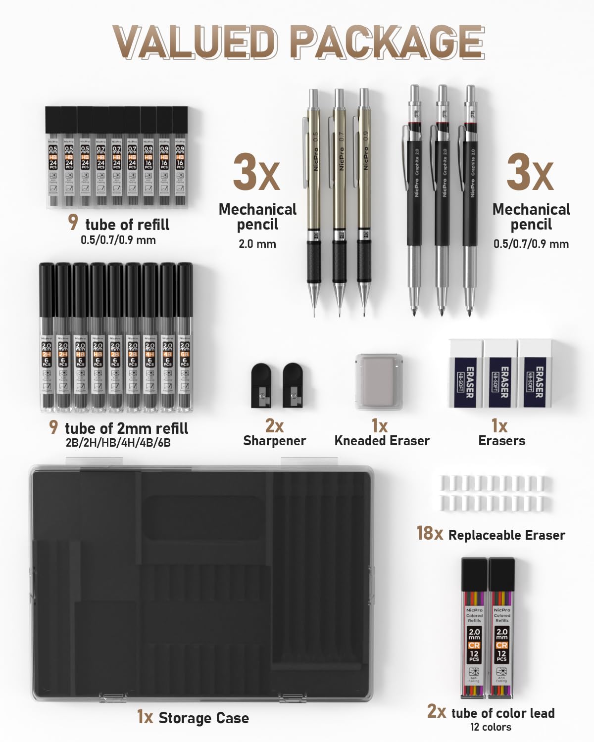 Nicpro 35PCS Art Mechanical Pencil Set, 3 PCS Metal Drafting Pencil 0.5 mm & 0.7 mm & 0.9 mm & 3 PCS 2mm Lead Holder (6B 4B 2B HB 2H 4H Colors) For Sketching Drawing With 20 Tube Lead Refills Case