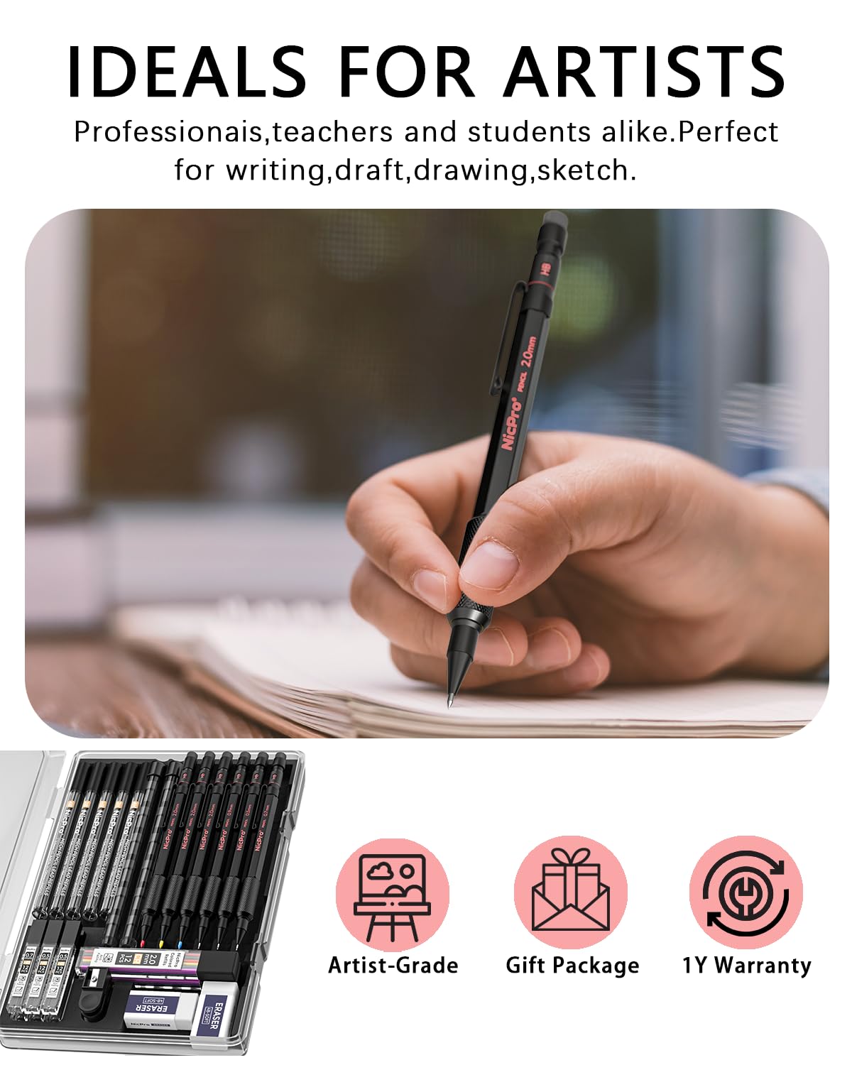 Nicpro 27PCS Art Mechanical Pencils Set in Case, Metal Drafting Pencil 0.5, 0.7, 0.9 mm & 2mm with 13 Tube Lead Refills(4B 2B HB 2H 4H Colors) Weatherproof Barrel for Outdoor Writing Drawing Sketching