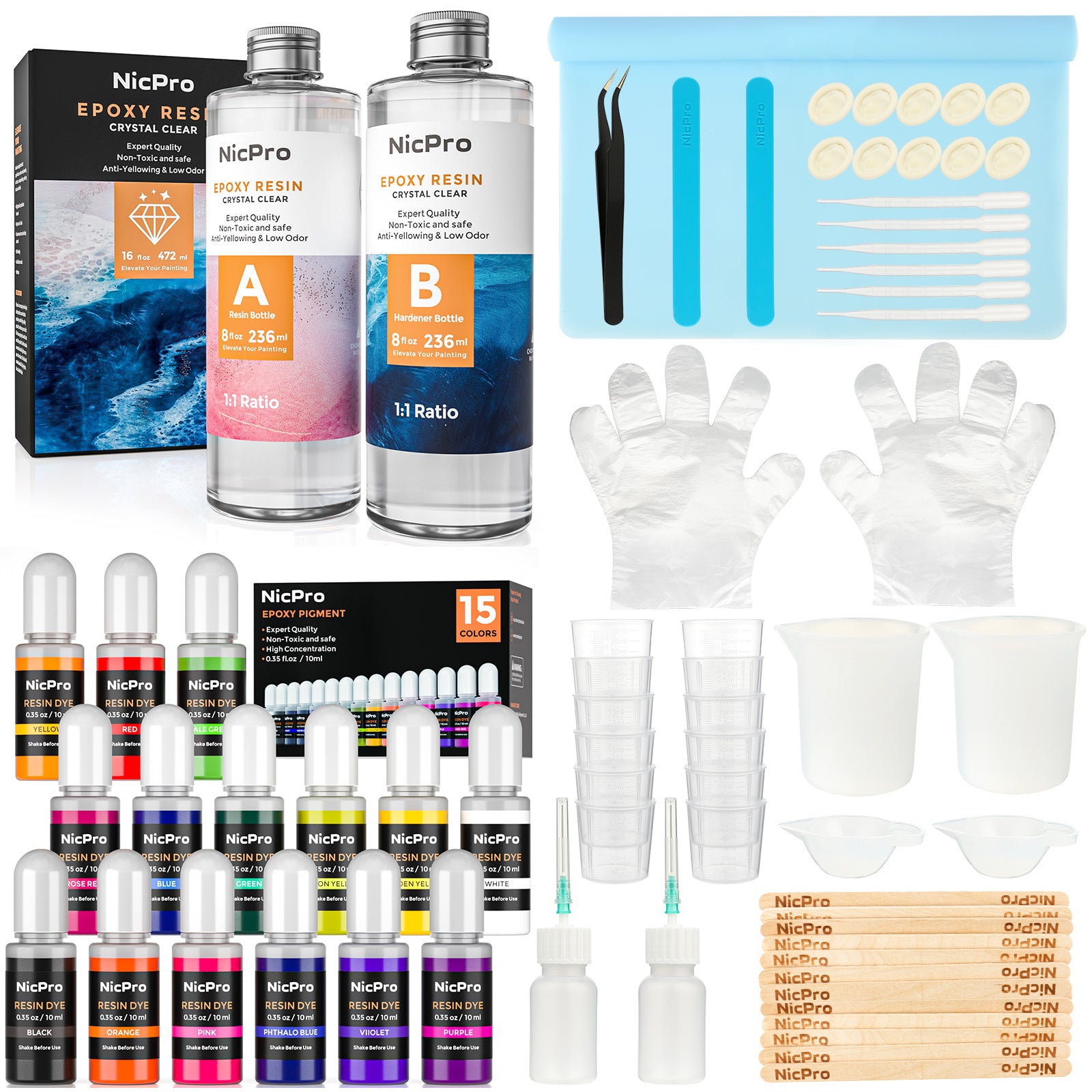 Nicpro 16 oz Epoxy Resin Kit Supplies with 15 Colors Liquid Resin Pigment Dye, Silicone Sticks,Mat, Measuring Cups, Gloves for Art, Crafts, Tumblers & Jewelry Making, Molds, Coating