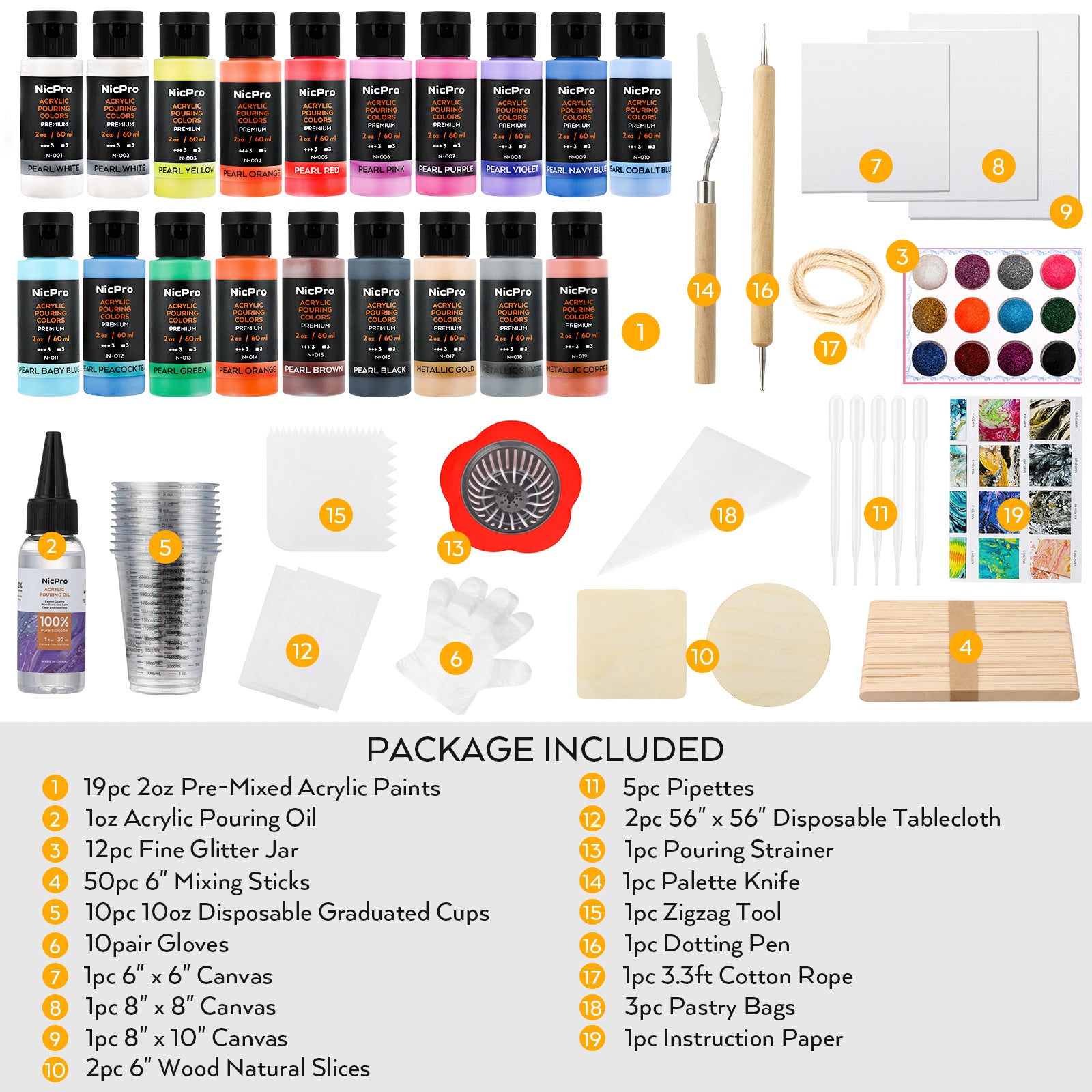 Nicpro 123 Pack Metallic Acrylic Pouring Paint Set, 19 Colors (2oz / 60ml bottle) Ready to Pour Acrylic Paint Supplies & Pre-Mix High Flow for Canvas & Paper, Rocks, Wood and DIY Painting