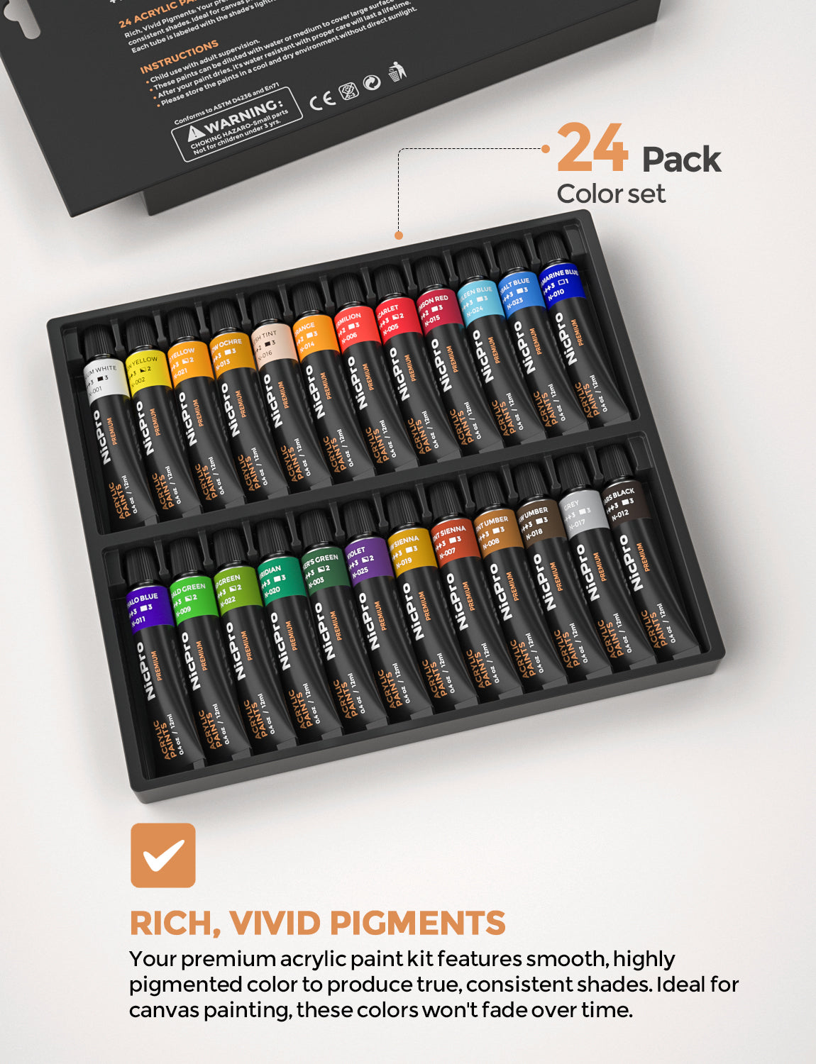 Nicpro Beginner Acrylic Paint Set, 24 Rich Pigment Colors (12ml) 12 Brushes, Wooden Easel, 4 Pack Canvas Panel, Paint Tray, Color Wheel, Painting Art Supplies for Artist Adult, Student & Kid