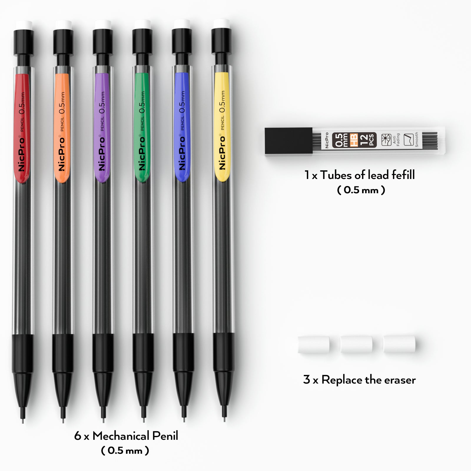 Nicpro 6 PCS 0.5 mm Mechanical Pencil Set, Color Pencil Clips Design Drafting Pencil with HB Lead Refills, 3 Eraser Refills for Student Writing, Drawing, Sketching