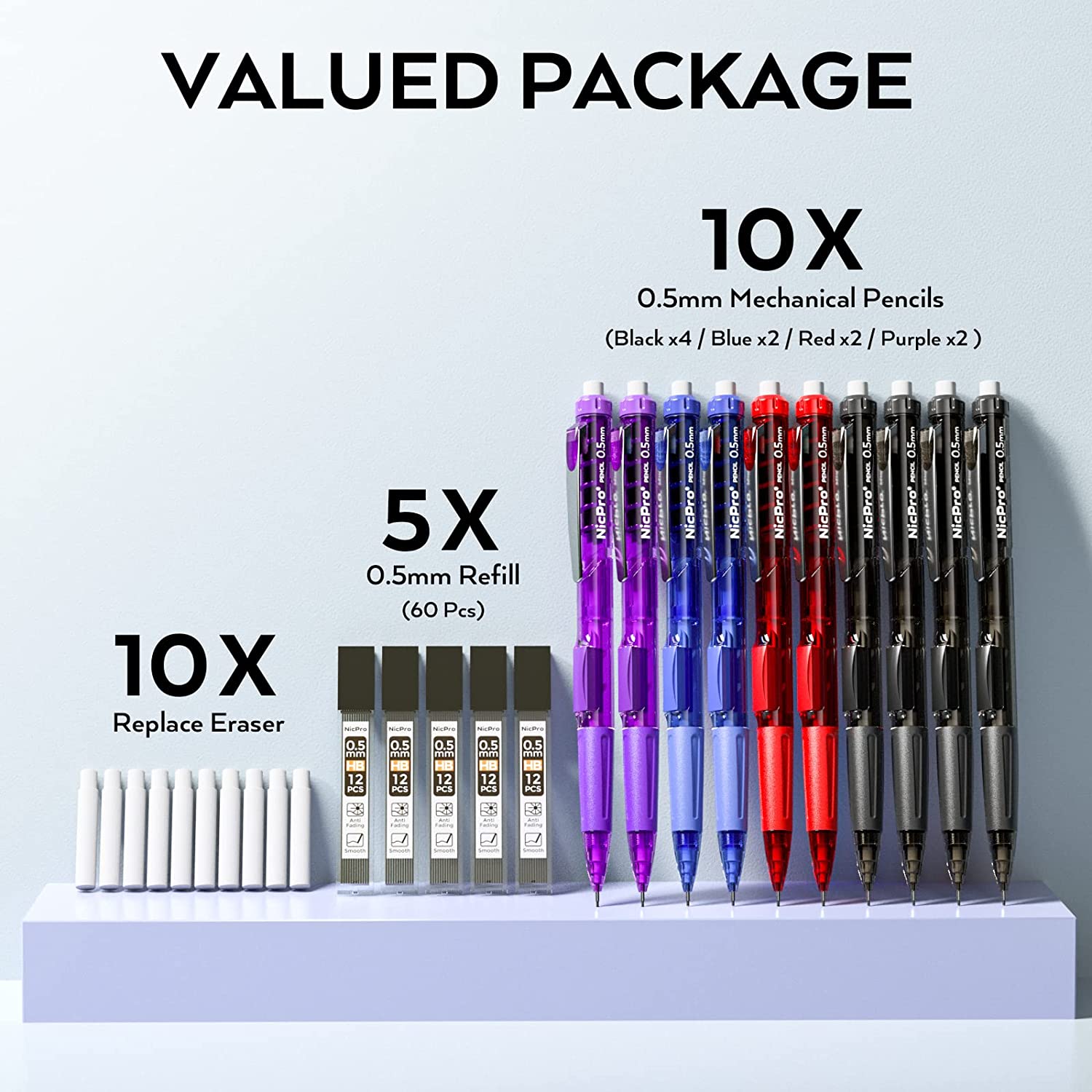 Nicpro 0.5 mm Art Mechanical Pencil Bulk Set, 10 PCS Colored Rotate-Erase & Fast Click Lead Pencils with 5 Tubes HB Lead Refills, 10 Eraser Refills for Student Drafting, Drawing, Writing, Sketching