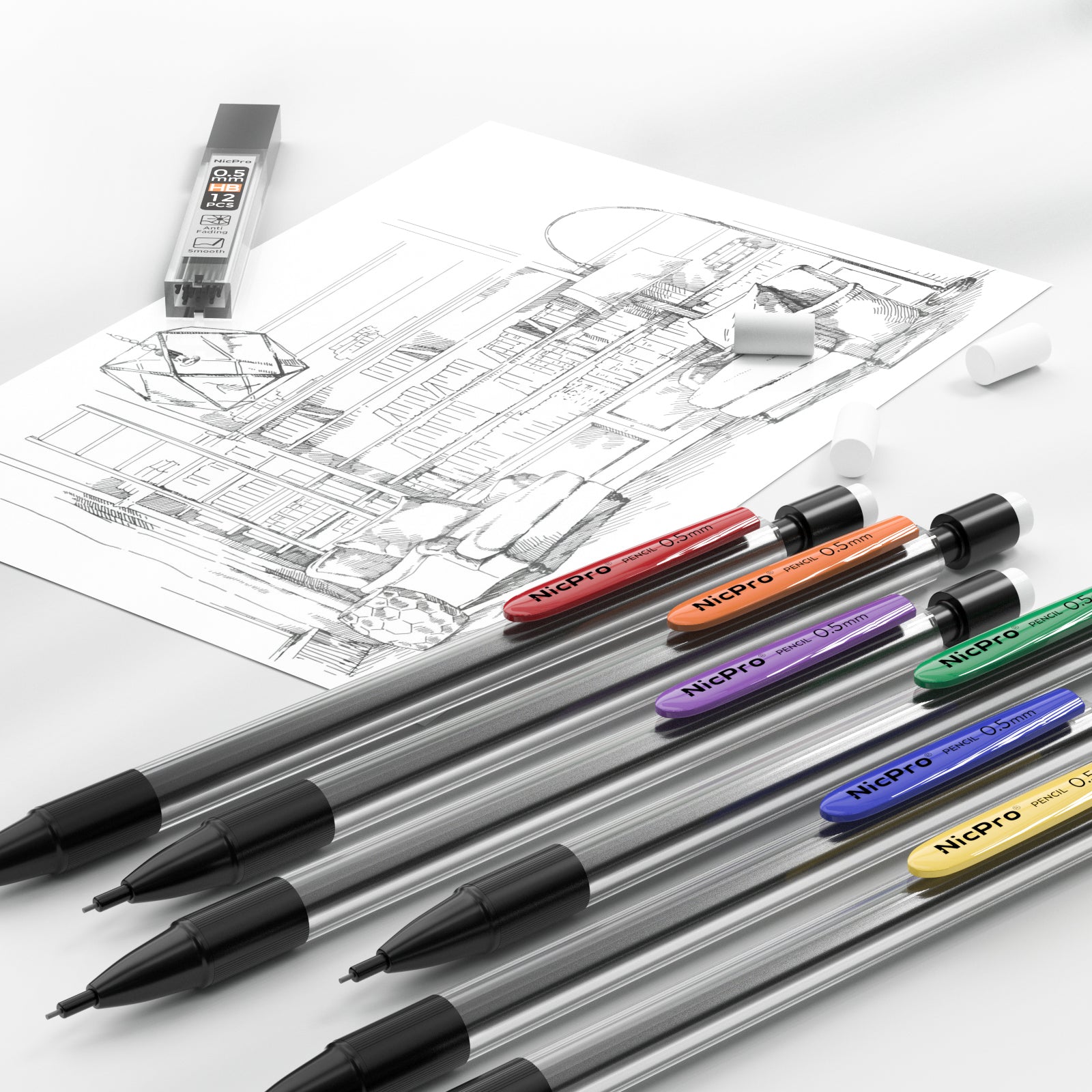 Nicpro 6 PCS 0.5 mm Mechanical Pencil Set, Color Pencil Clips Design Drafting Pencil with HB Lead Refills, 3 Eraser Refills for Student Writing, Drawing, Sketching