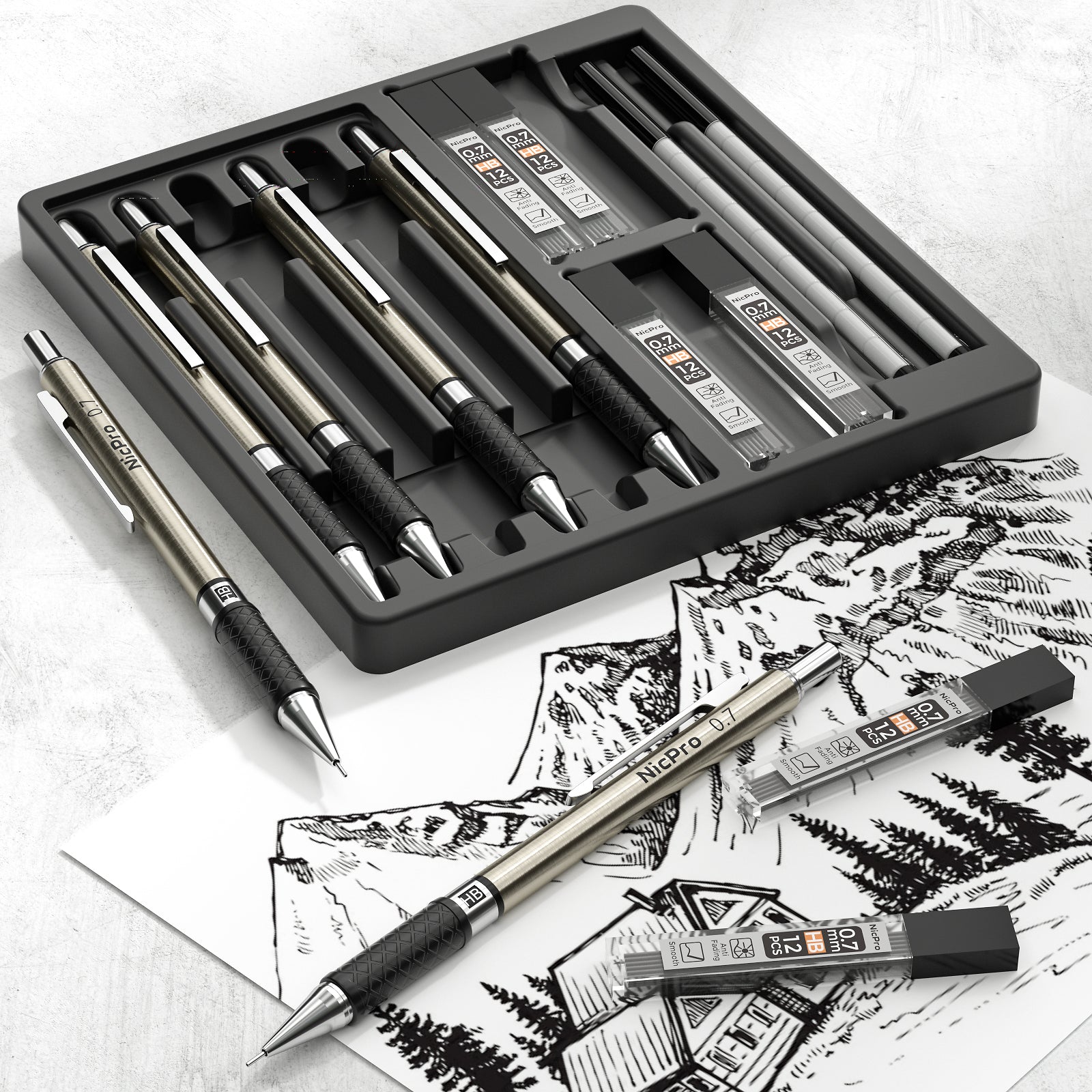 Nicpro 0.7 mm Art Mechanical Pencils Set, 6 PCS Metal Drafting Pencil 0.7mm with 6 Tube HB Lead Refills & 18 PCS Cap Eraser Refills for Adults, Children, Artist Writing, Drawing, Sketching