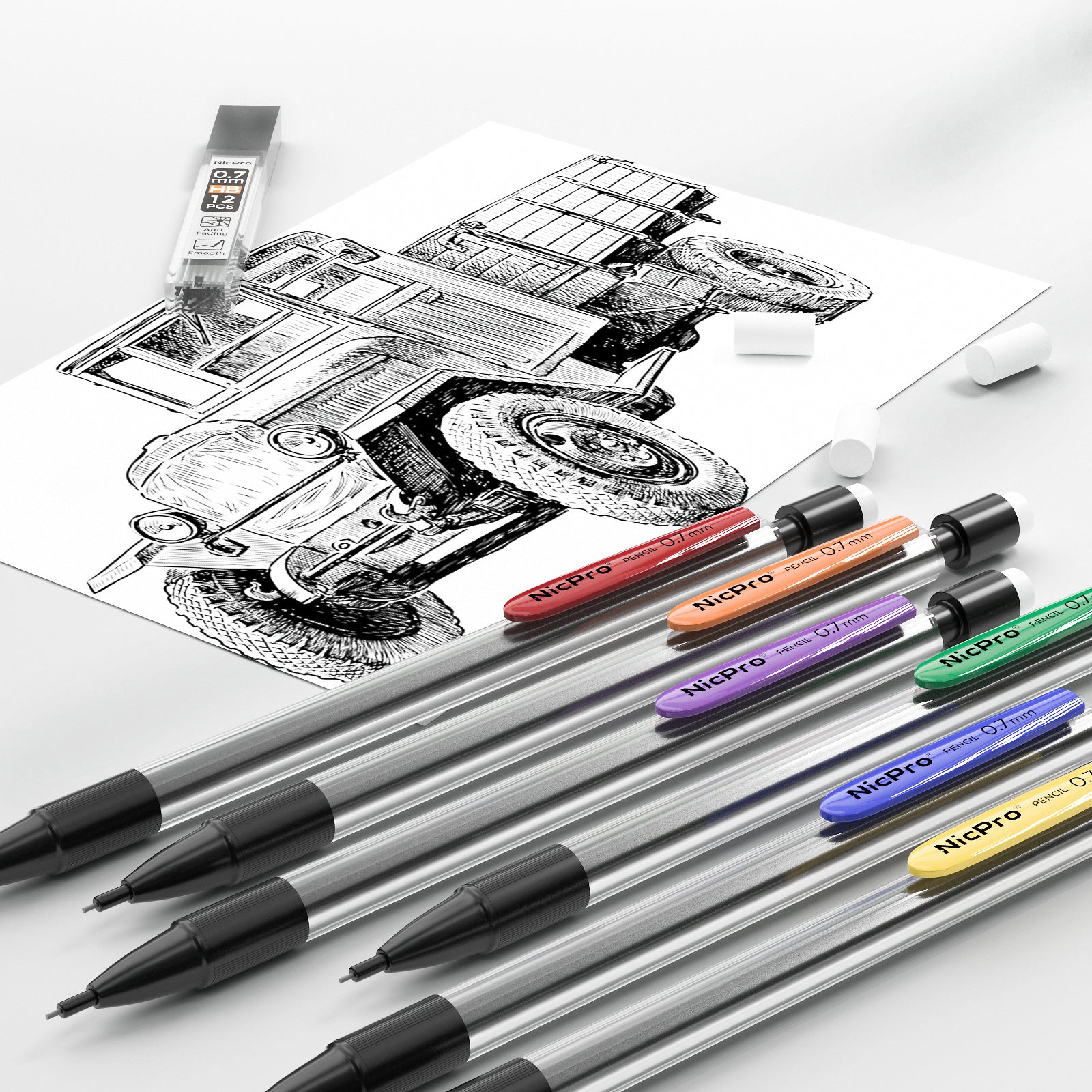 Nicpro 6 PCS 0.7 mm Mechanical Pencil Set, Color Pencil Clips Design Drafting Pencil with HB Lead Refills, 3 Eraser Refills for Student Writing, Drawing, Sketching