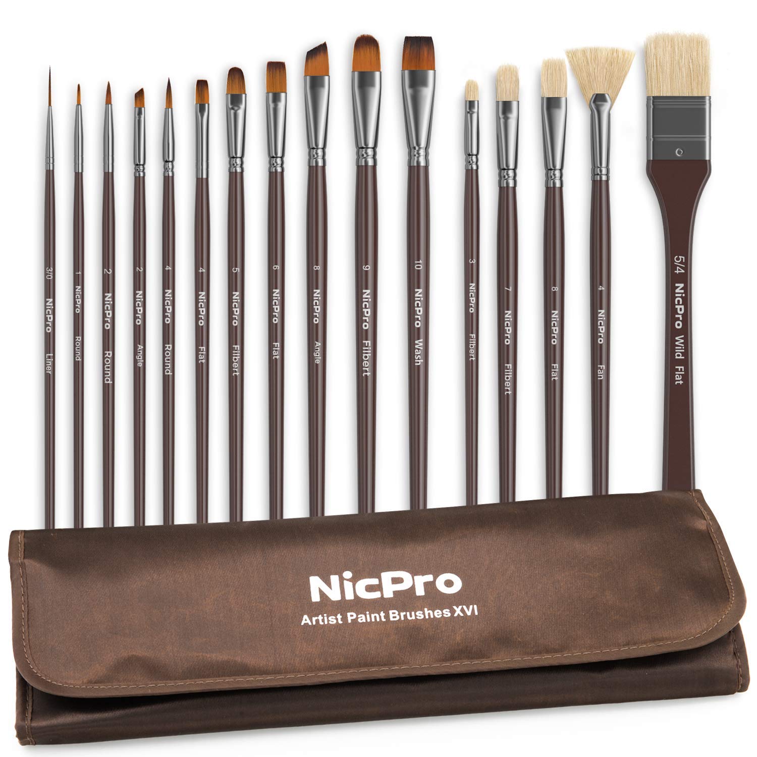 Nicpro Professional Paint Brushes for Acrylic Watercolor Oil Gouache Painting 16 PCS Art Brush Comb with Carrying Travel Bag