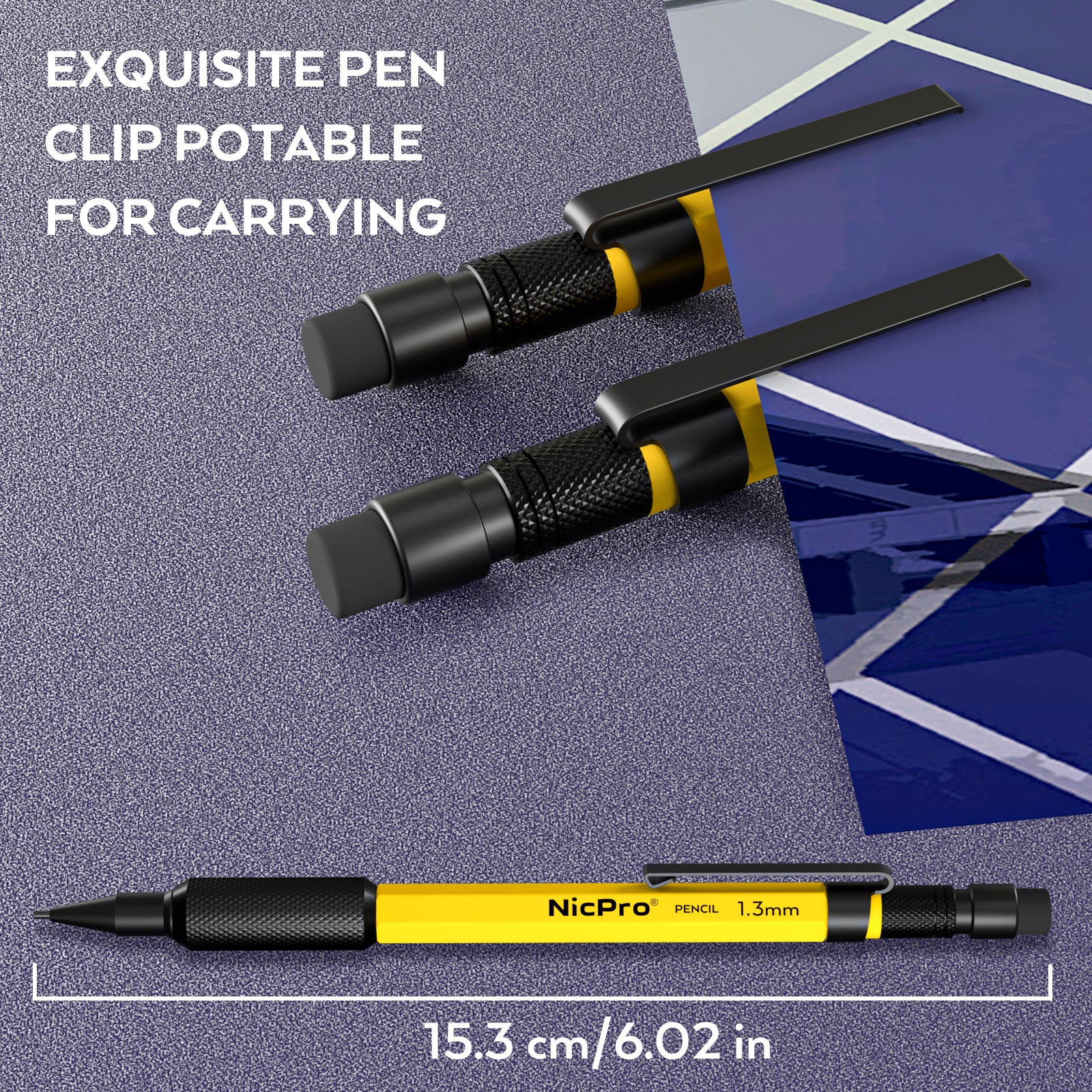 Nicpro 1.3 mm Mechanical Pencils Set with 12 Lead Refill, Eraser - Weatherproof Metal Barrel, Heavy Duty Carpenter Pencil for Outdoor Marking Drafting Drawing Sketching Woodworking - with Case