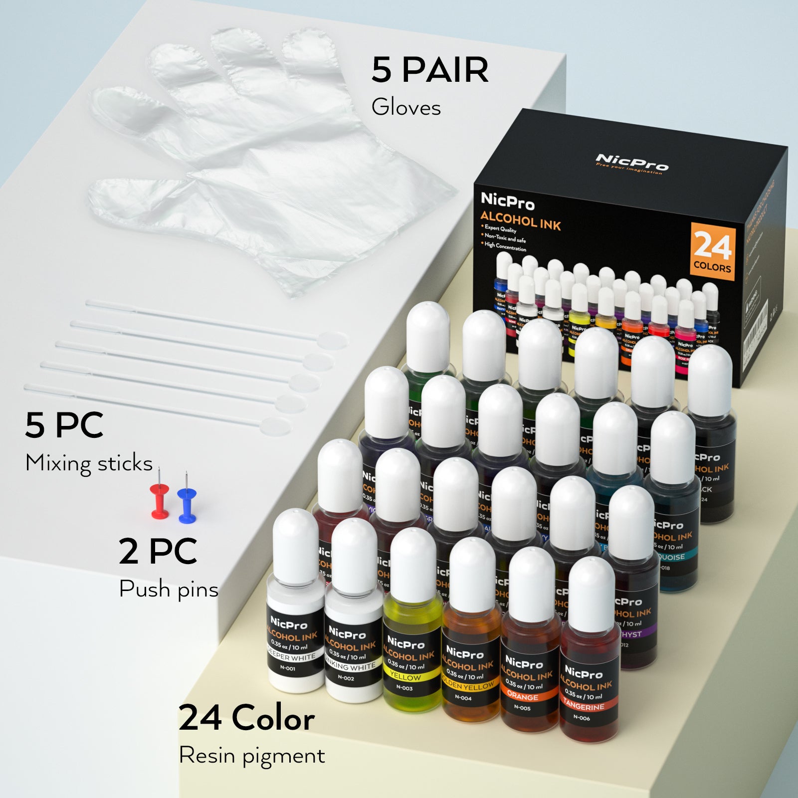 Nicpro Resin Alcohol Ink Set 24 Colors, Concentrated Dye Liquid Alcohol-Based Pigment for Epoxy Resin Paint Craft DIY, Painting, Tumbler, Molds & Jewelry Making