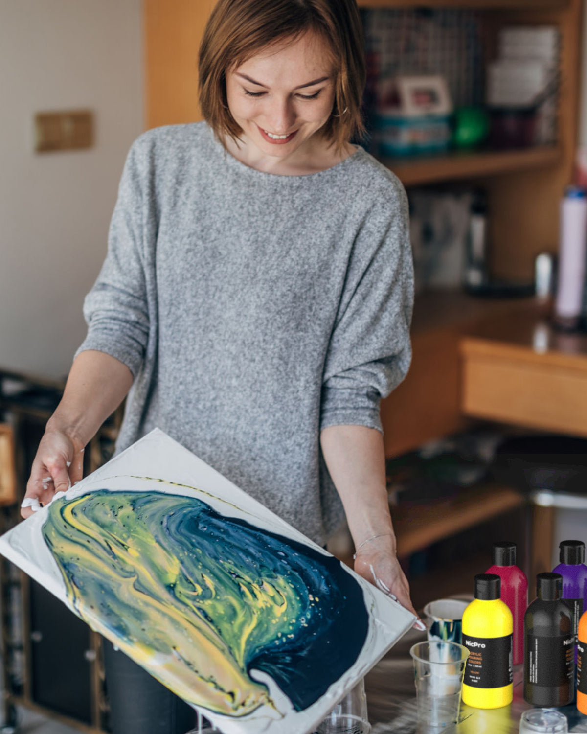 Nicpro 115 Pack Large Volume Acrylic Pouring Art Supplies , 8 Basic Colors 8 oz Acrylic Paints Set, Pouring Medium Starter Kit with Pour Oil, 4 Pack Canvases, Cups, Mixing Sticks, Gloves, Strainers, Brushes for Painting