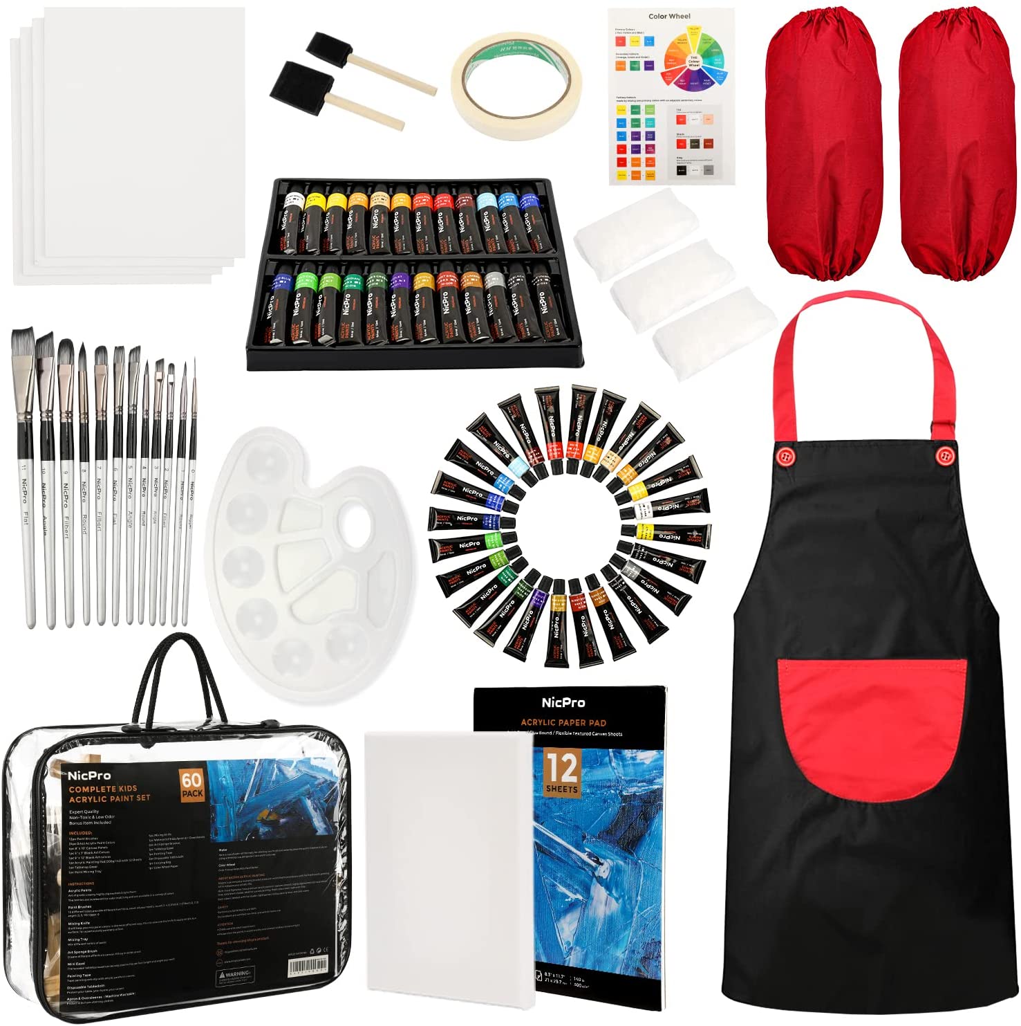 Nicpro Kid Art Set, 24 Colors Acrylic Paint,Complete Painting Supplies Kit for Boy & Girls Gift with Canvas, Smock, Painting Pad, Mixing Knives, Easel, Sponge, Mixing Tray