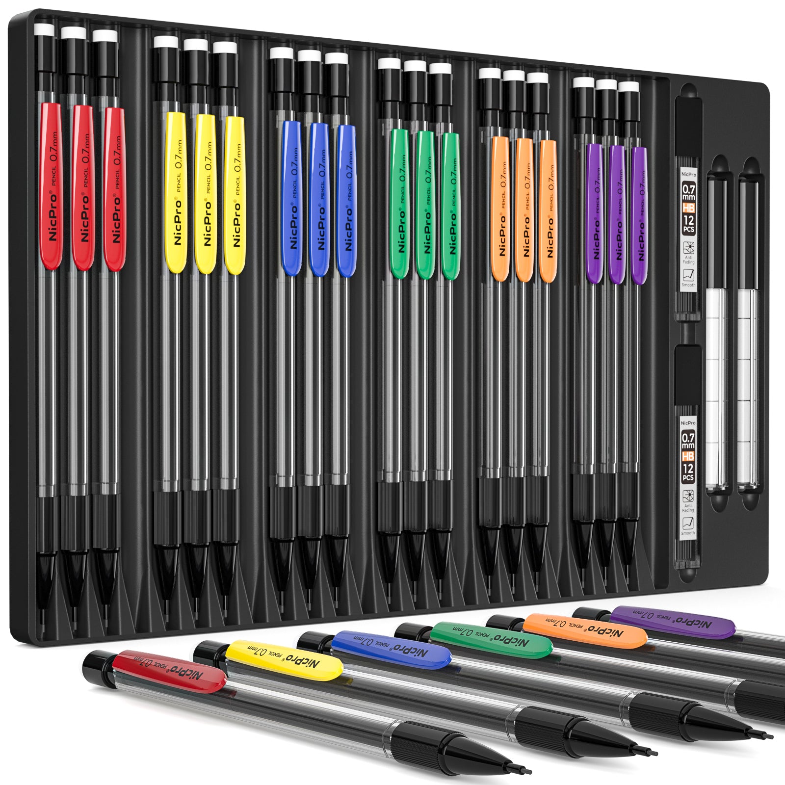 Nicpro 24 PACK 0.7 mm Mechanical Pencil Set, Lead Pencil Bulk with 2 Tubes HB #2 Lead Refills & Eraser Refills, Cute Mechanical Pencils for School Kids Art Writing, Drawing, Drafting, Sketching