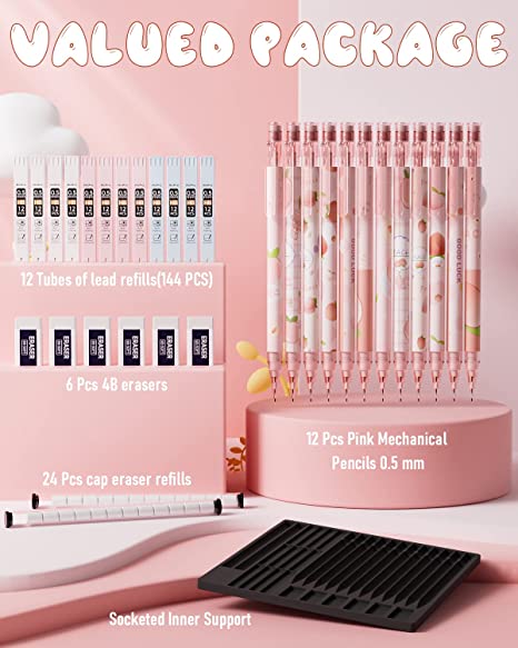 Nicpro 12PCS Pink Mechanical Pencil Set, Cute Mechanical Pencils 0.5 mm with 12 Tubes HB Lead Refills, 6PCS Eraser, 24PCS Eraser Refill for Writing, Drawing, Sketching, Drafting -Come with Case