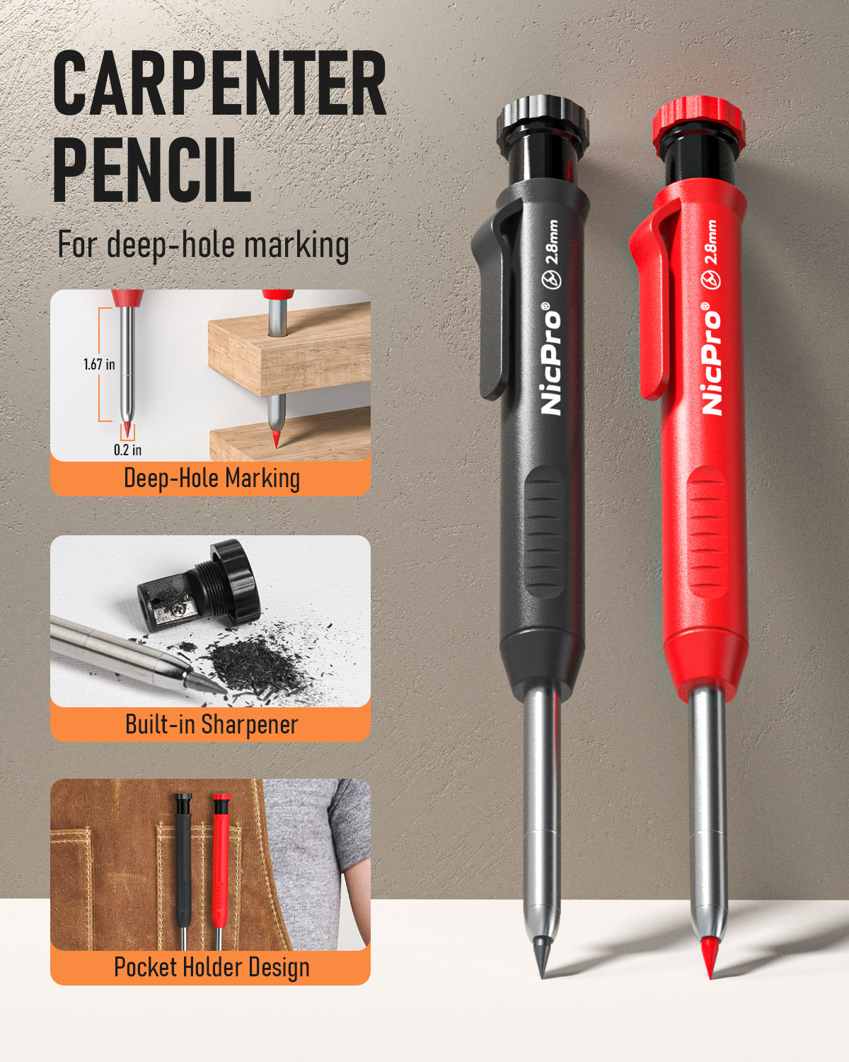 Nicpro 2Pack Carpenter Pencil with Sharpener, Mechanical Carpenter Pen