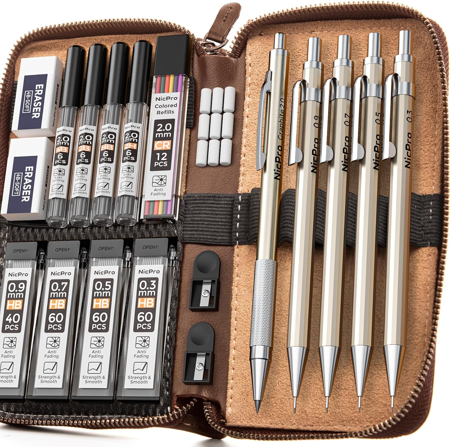 Nicpro 20PCS Black Metal Mechanical Pencil Set in Leather Case, 0.3, 0.5, 0.7, 0.9 mm & 2mm Lead Pencil Holders, (4B 2B HB 2H) Lead Refills (Black & Colors), Erasers For Art Drafting Sketching Drawing