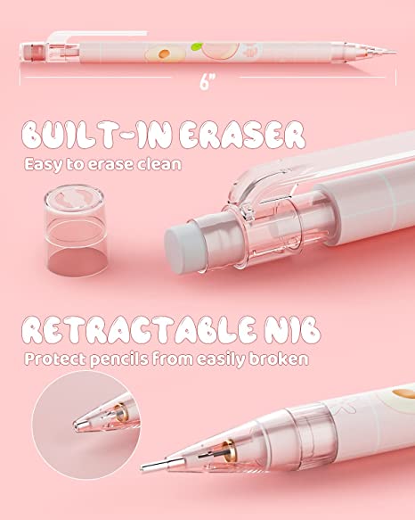 Nicpro 12PCS Pink Mechanical Pencil Set, Cute Mechanical Pencils 0.5 mm with 12 Tubes HB Lead Refills, 6PCS Eraser, 24PCS Eraser Refill for Writing, Drawing, Sketching, Drafting -Come with Case