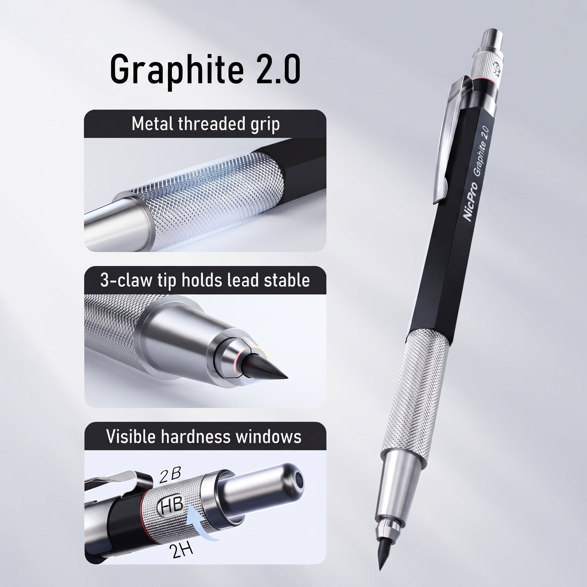 Nicpro 6PCS Art Mechanical Pencil Set, 4 PCS Metal Drafting Pencil 0.3mm & 0.5 mm & 0.7 mm & 0.9 mm & 2 PCS 2mm Lead Holder (2B HB 2H) For Sketching Drawing With 12 Tube Lead Refills Case