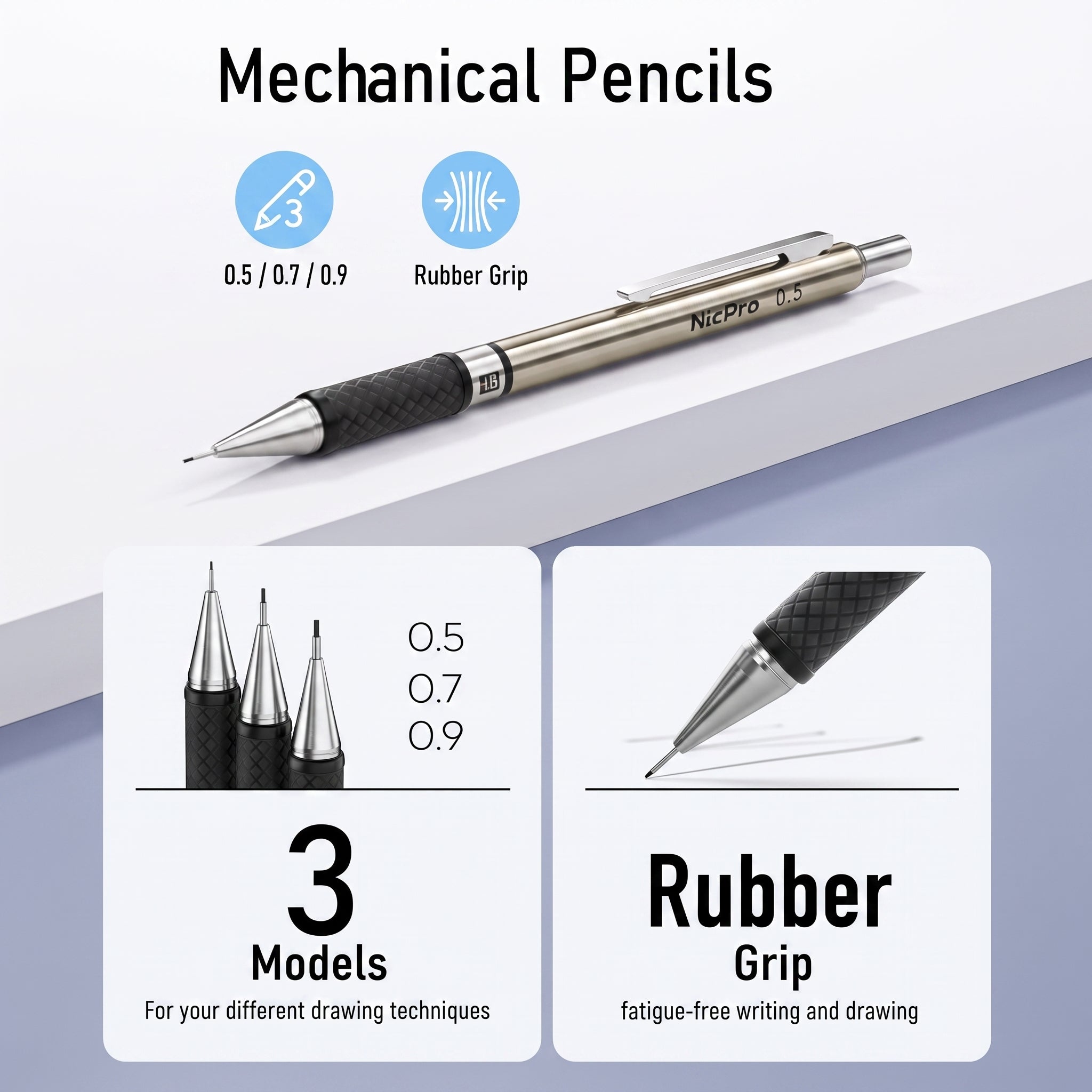 Nicpro 6PCS Art Mechanical Pencil Set, 4 PCS Metal Drafting Pencil 0.3mm & 0.5 mm & 0.7 mm & 0.9 mm & 2 PCS 2mm Lead Holder (2B HB 2H) For Sketching Drawing With 12 Tube Lead Refills Case