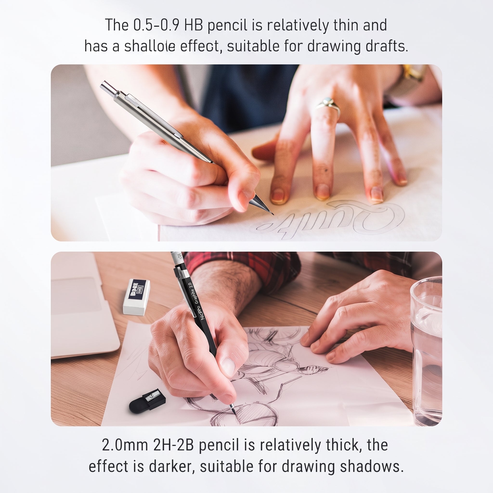Nicpro 6PCS Art Mechanical Pencil Set, 4 PCS Metal Drafting Pencil 0.3mm & 0.5 mm & 0.7 mm & 0.9 mm & 2 PCS 2mm Lead Holder (2B HB 2H) For Sketching Drawing With 12 Tube Lead Refills Case